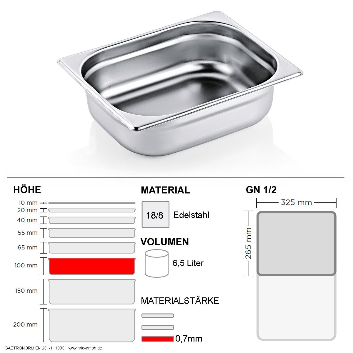 WAS Thermobehälter Gastronorm Behälter GN 1/2 - 100mm - GN90 - 18/8 Edelstahl - 0,7mm, Edelstahl