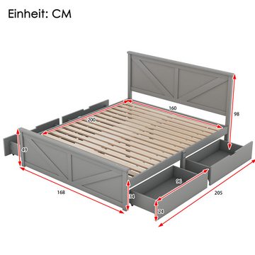 DOPWii Holzbett 160x200cm Einfaches Holzpritschenbett mit vier Schubladen,Grau/Weiss, Holzbett,Bett,Stauraumbett,Palettenbett