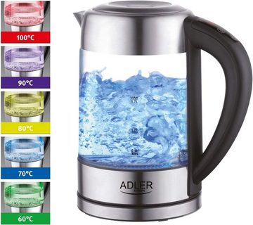 JUNG Wasserkocher ADLER AD1247, Wasserkocher Glas mit Temperatureinstellung Digital, 1,7 l, 2200,00 W, Glas mit Edelstahl, LED Beleuchtung & LCD Display, 360° Basis Kettle