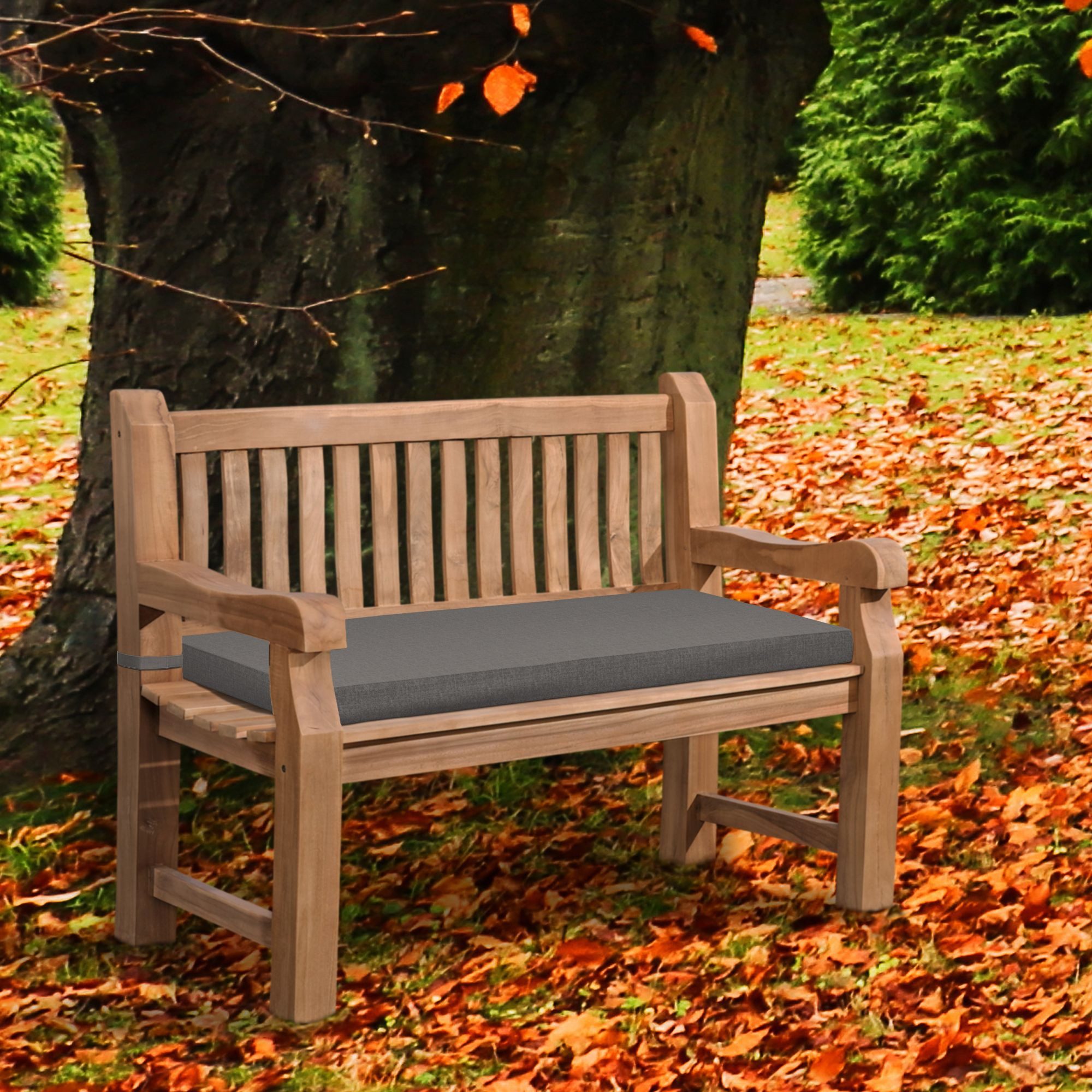 furnicato Gartenbank Naturholz Bank Jackson mit Sitzkissen 120 cm dunkelgrau (1-St), Ergonomische Sitzbank mit abnehmbarem Kissen für deinen Garten