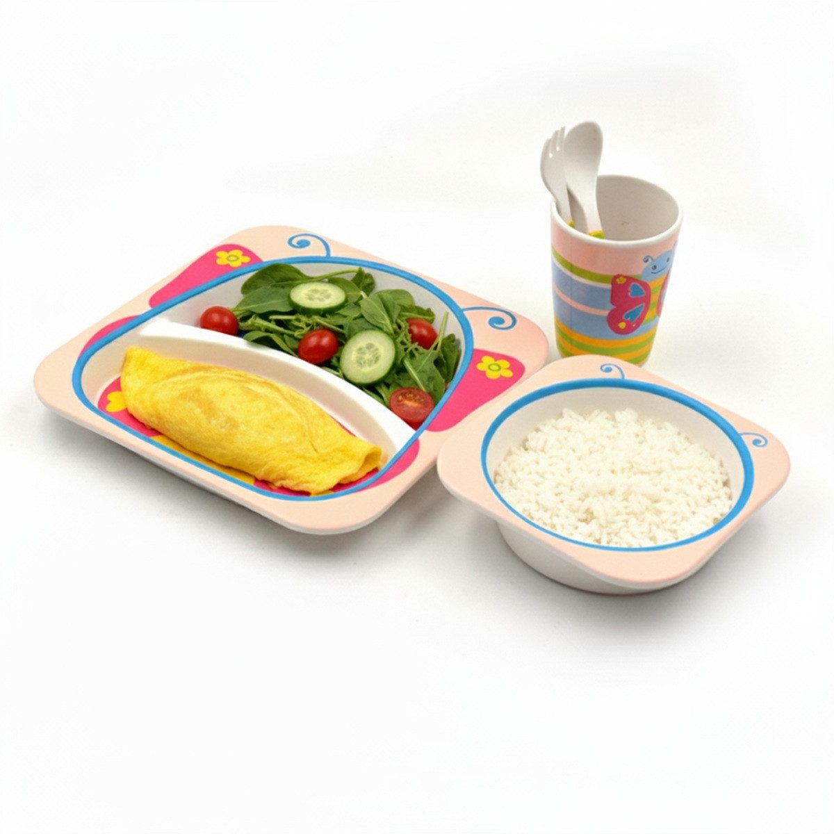 Cheffinger Kindergeschirr-Set 5-tlg aus Bambus in Schmetterlingsdesign - robust & bunt (5-tlg), Bambus – Bild 3 von 5