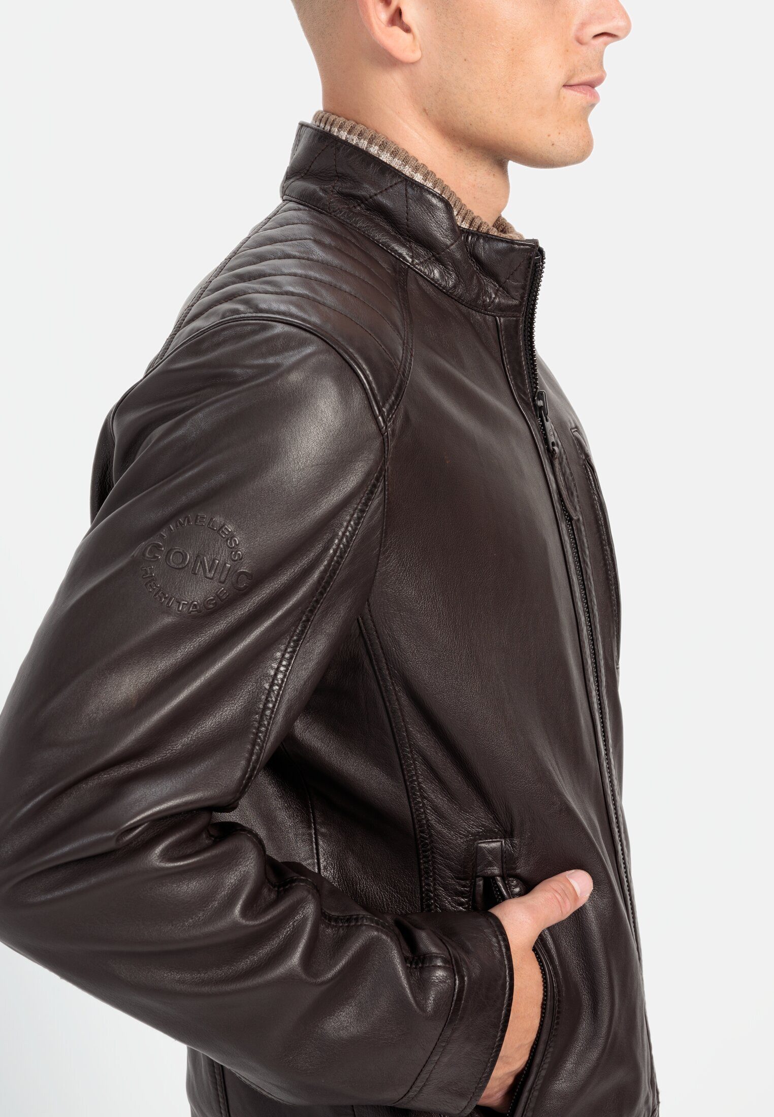 camel active Lederjacke mit Stehkragen Langarm