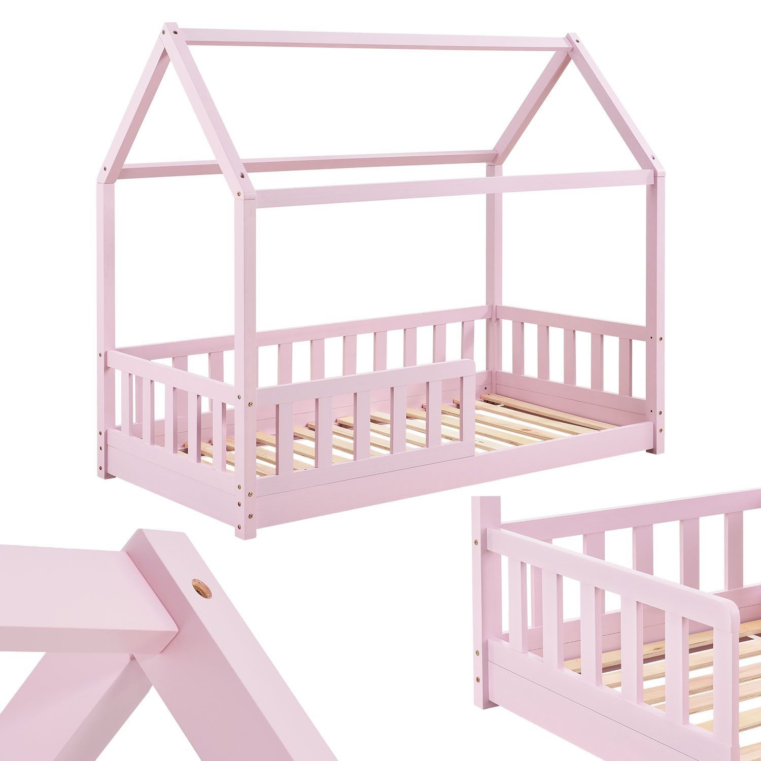 Juskys Kinderbett Marli, 80x160 cm, Hausoptik mit Dach, Holz, Rausfallschutz, 3 - 10 Jahren