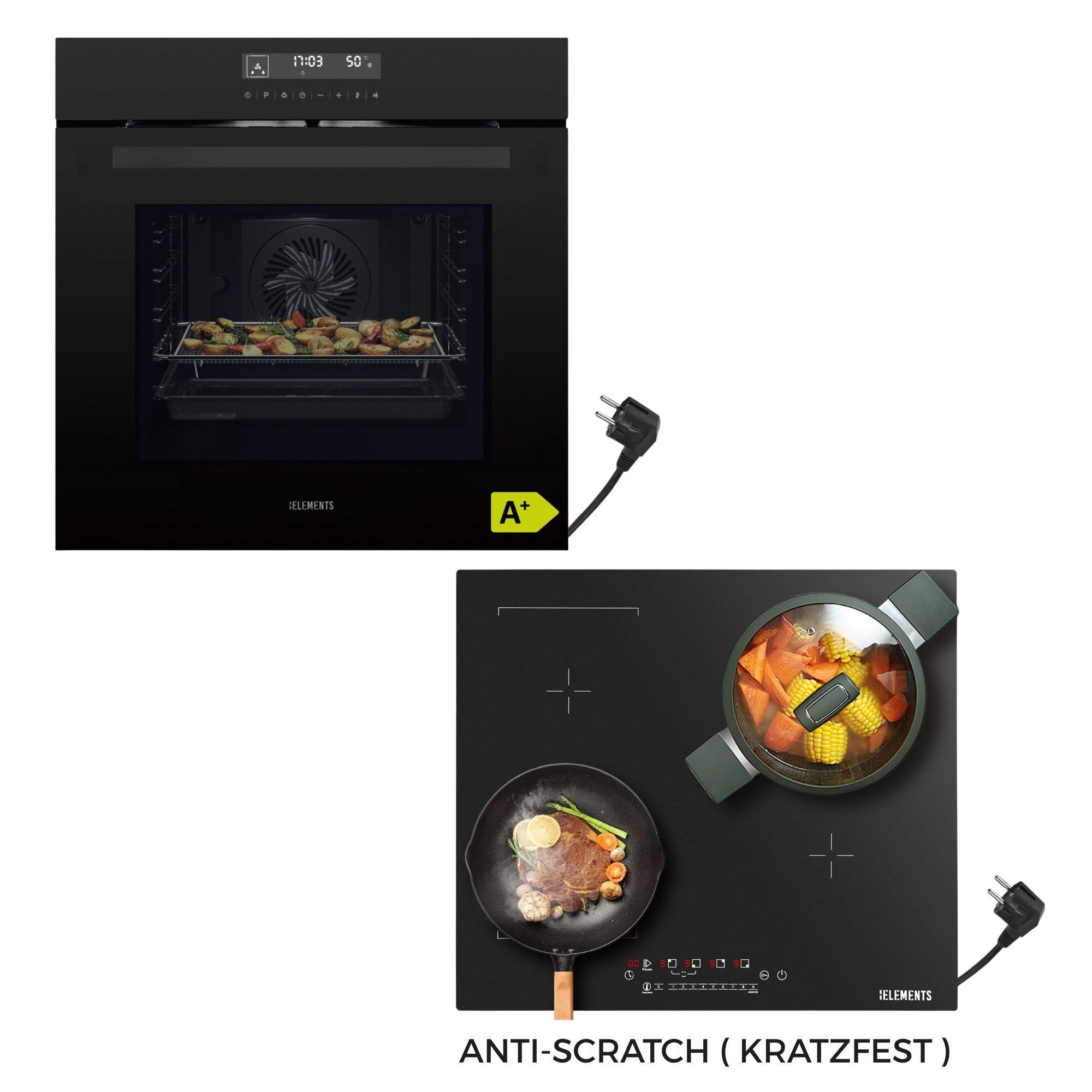 KB Elements Induktions Herd-Set KB ELEMENTS Herdset Backofen 60cm, Kratzfestes Induktionskochfeld 60cm, mit 2-fach-Teleskopauszug, AQUA CLEAN, Backofen Full Touch mit 15 Funktionen, Kratzfestes Induktionskochfeld