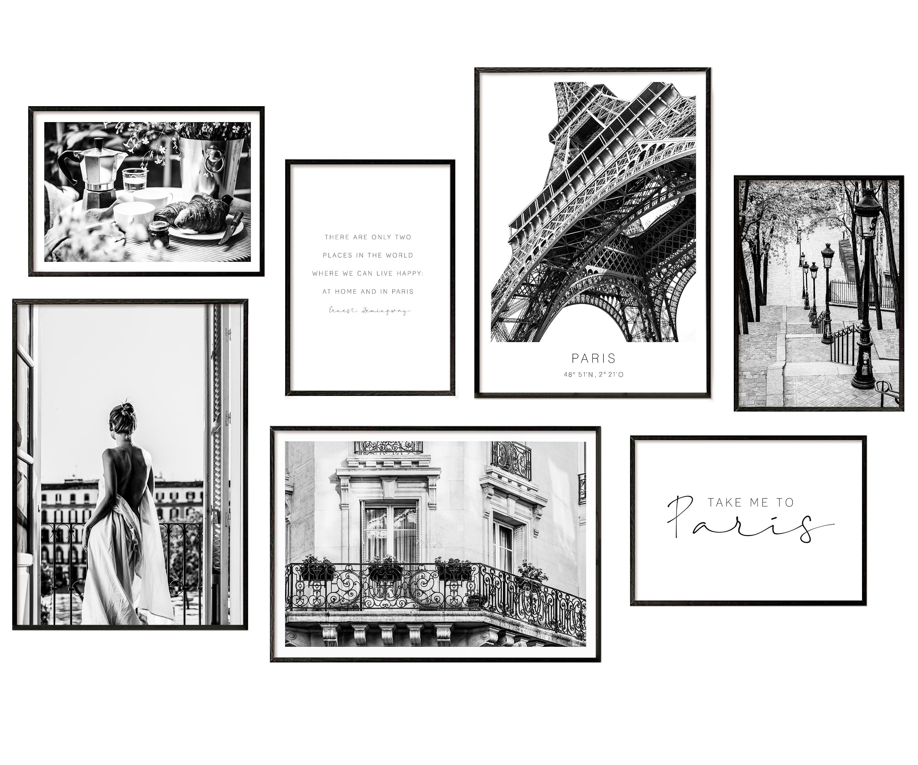 Hyggelig Home Плакат Hyggelig Home Premium Плакат Set - 7 passende Изображения OHNE RAHMEN im stilvollen Set - Collage Bild Wand Deko - 3 x DIN A3 + 4 x DIN A4 - Set Paris, Stadt (Set, 7 St), Knickfreie Lieferung Qualitätsdruck Dickes Papier