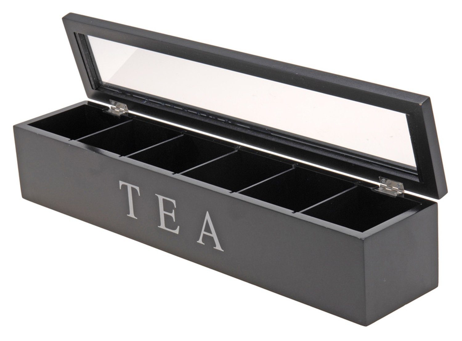 Koopman Teebox JEMAL, Schwarz, Deckel 9 9 MDF, 6 mit T x cm Teebeutel, Sichtfenster, Fächer x 43 für H B