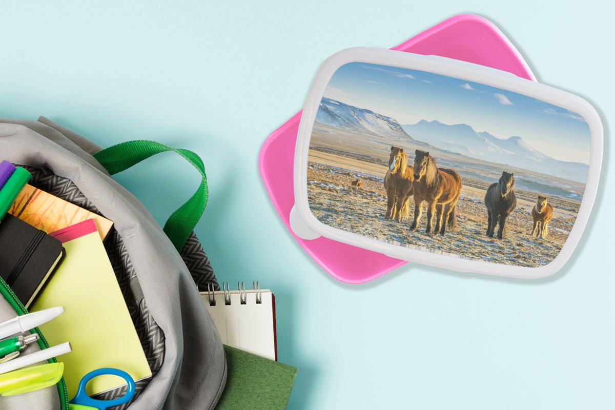 Berglandschaft, MuchoWow Kunststoff Lunchbox Snackbox, winterlichen Erwachsene, in Brotbox einer Kunststoff, für Mädchen, Kinder, (2-tlg), rosa Brotdose Isländerpferde