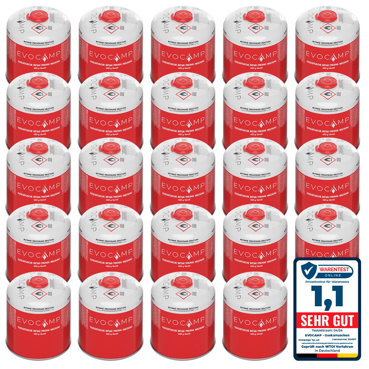 EVOCAMP Gaskartusche 24x Propan Butan 450g, Schraubkartusche Eurogewinde 7/16", Zubehör für Weber Grills Q100-1200-Serien, 24 St.