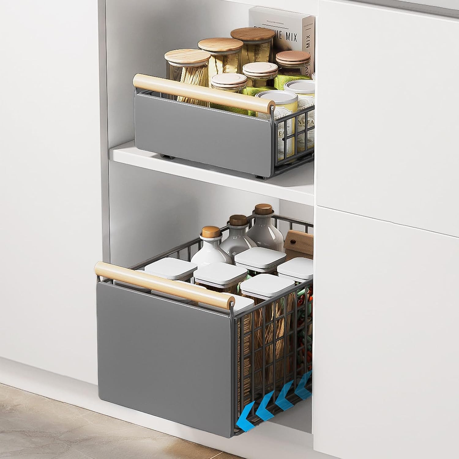 LEMLIT Küchenregal 2Pack Faltbarer Ausziehbare Schubladen-Regalaufbewahrung, 2 Packung 2-tlg., 2 Stück Teleskopschublade, Faltbarer Schrank-Organizer für die Küche