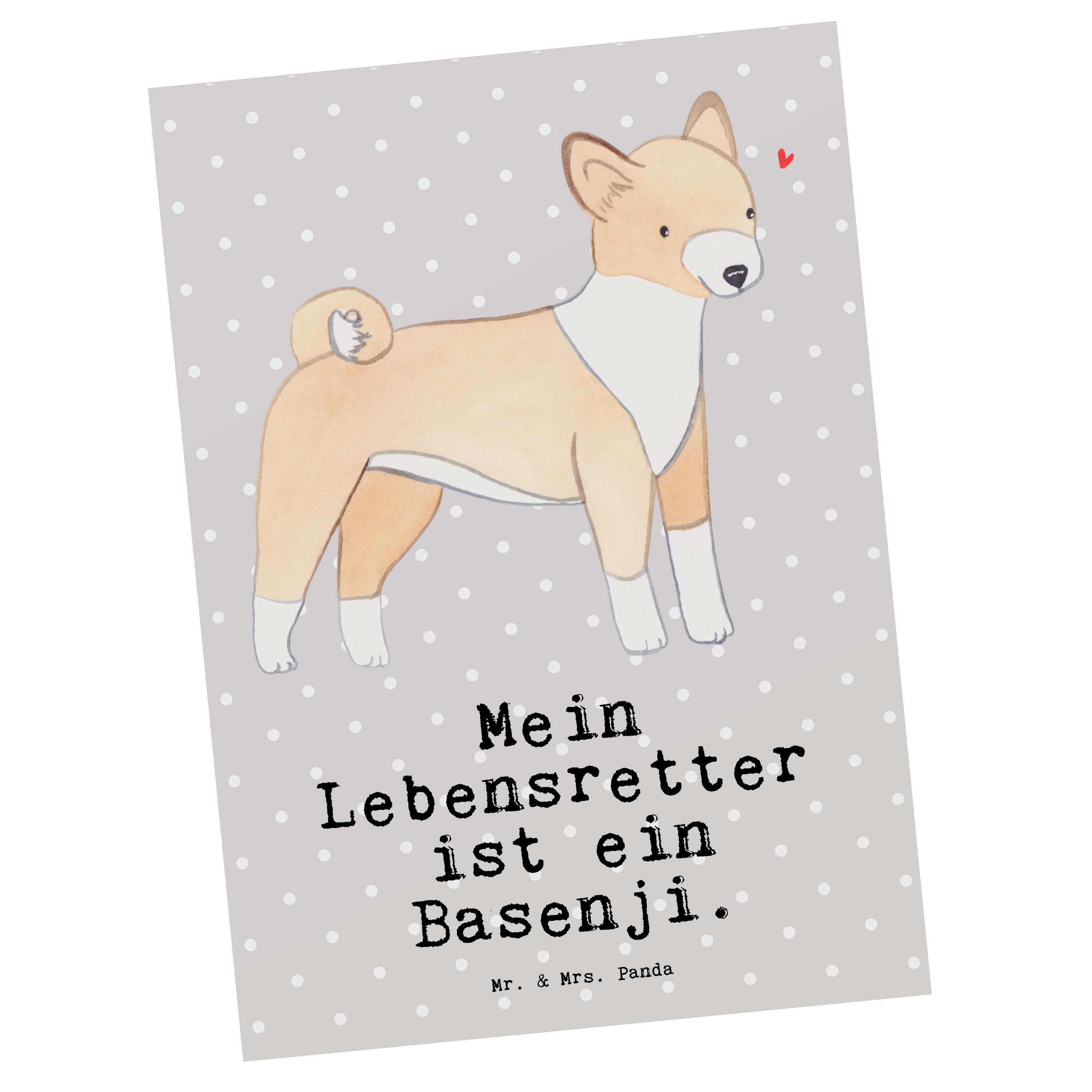 Mr. & Mrs. Panda Postkarte Basenji Lebensretter - Grau Pastell - Geschenk, Geschenkkarte, Hundeb