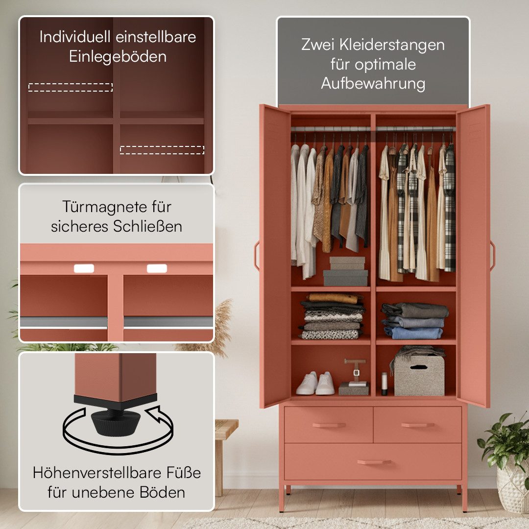 skølm Kleiderschrank Atria aus Metall (Terrakotta) Metallschrank mit 6 Fächern, 3 Schubladen & 2 Kleiderstangen