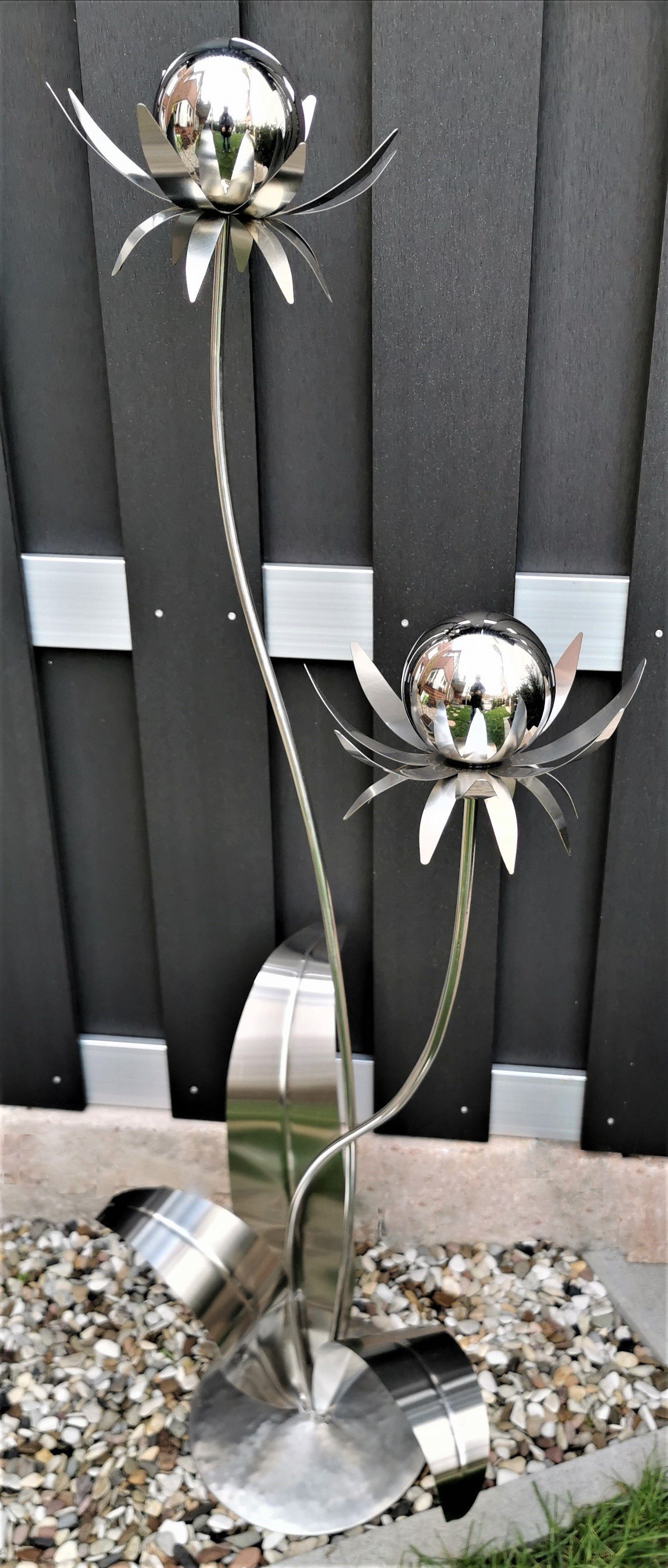 Jürgen Bocker Garten-Ambiente Gartenstecker Skulptur Blume Milano Edelstahl 120 cm Kugel Edelstahl poliert mit Standfuß Deko Gartendeko