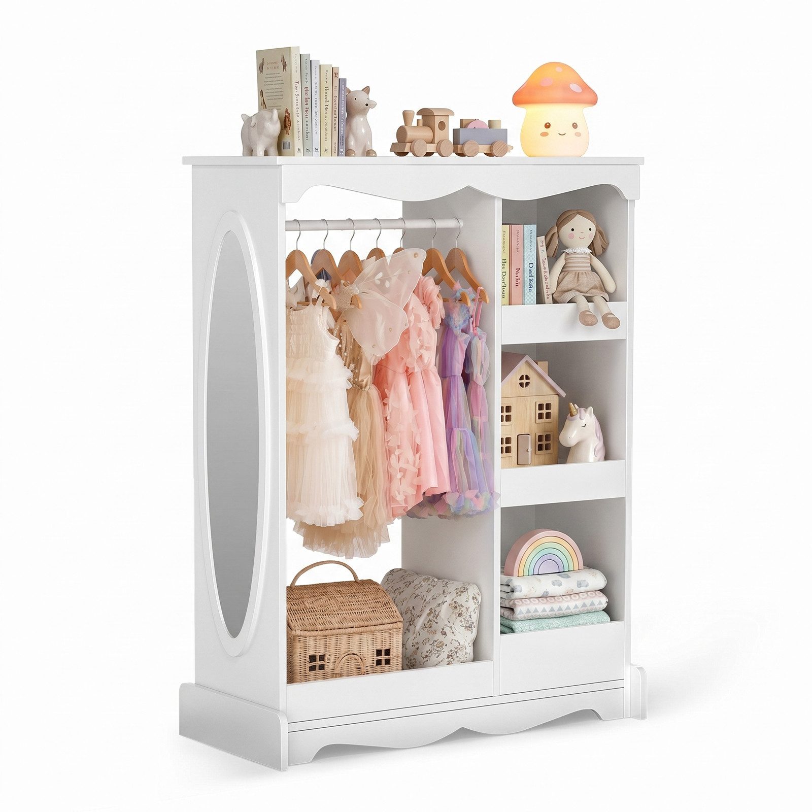 VOWNER Kinderkleiderschrank mit Spiegel, Kleiderstange und Regalen für Kinderzimmer (1-St) Kindergarderobe aus Spanplatte, 80 x 30 x 106 cm
