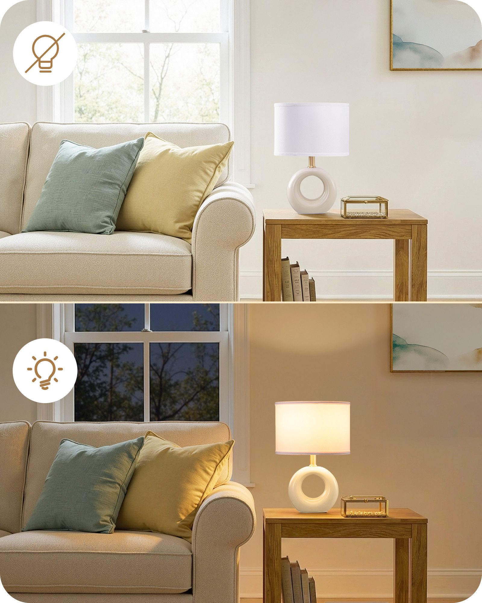 EDISHINE Nachttischlampe Keramik-Tischlampe, elegante und moderne Nachttischlampe, LED wechselbar, warmweiß, mit Stoffschirm, E14-Leuchtmittel inklusive, 2700K  – Bild 4 von 5