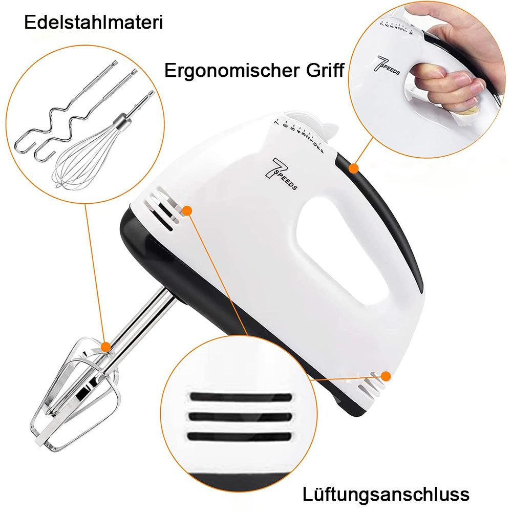 TUWENA Handmixer Handgemachter Mischer-Elektromischer, 7-Speed-Mixer mit 5 Mixer, 2 Mixer, 2 Teighaken, 1 Ei -Schneebesen