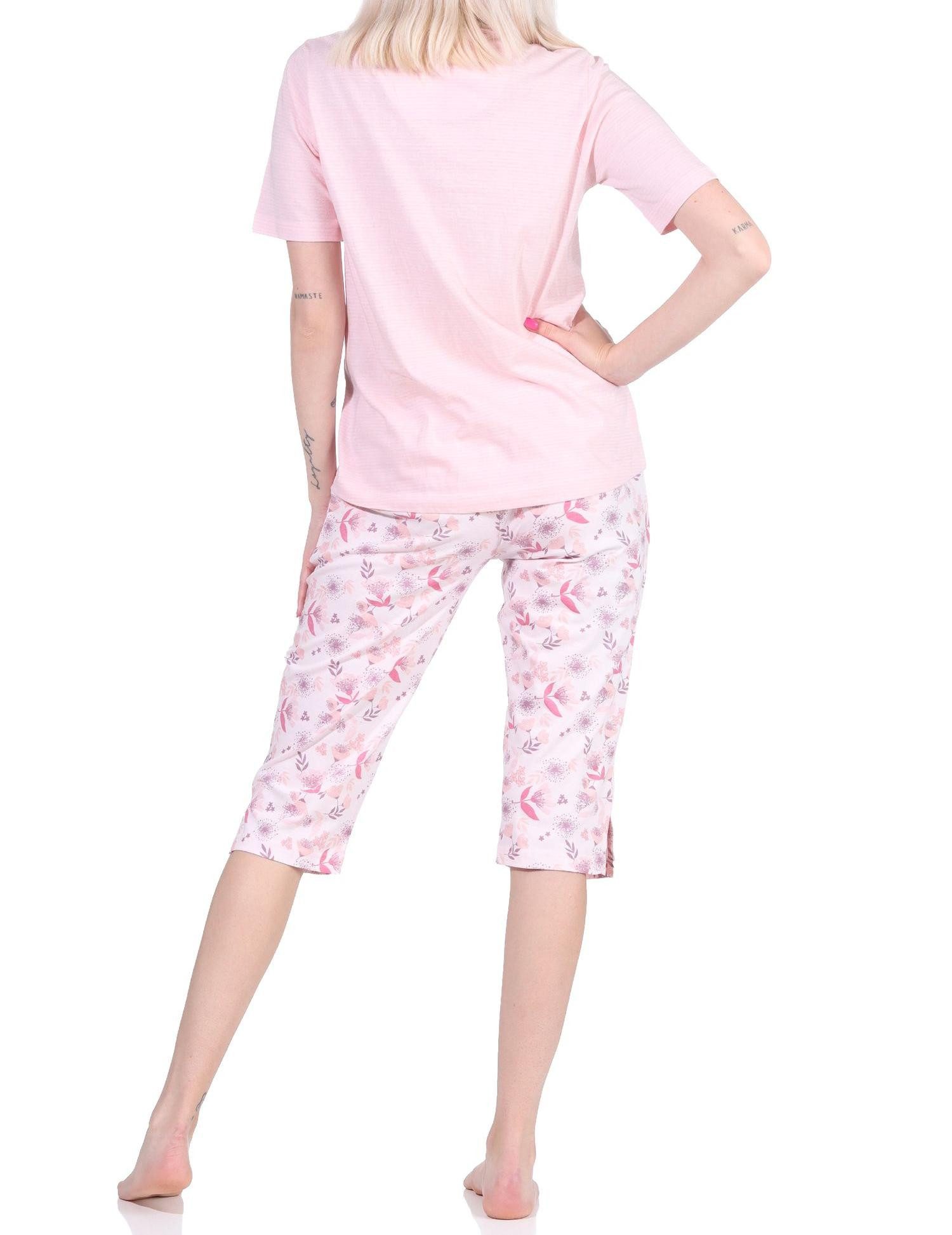 Normann Pyjama Damen Schlafanzug kurzarm mit Capri-Hose und Spitze