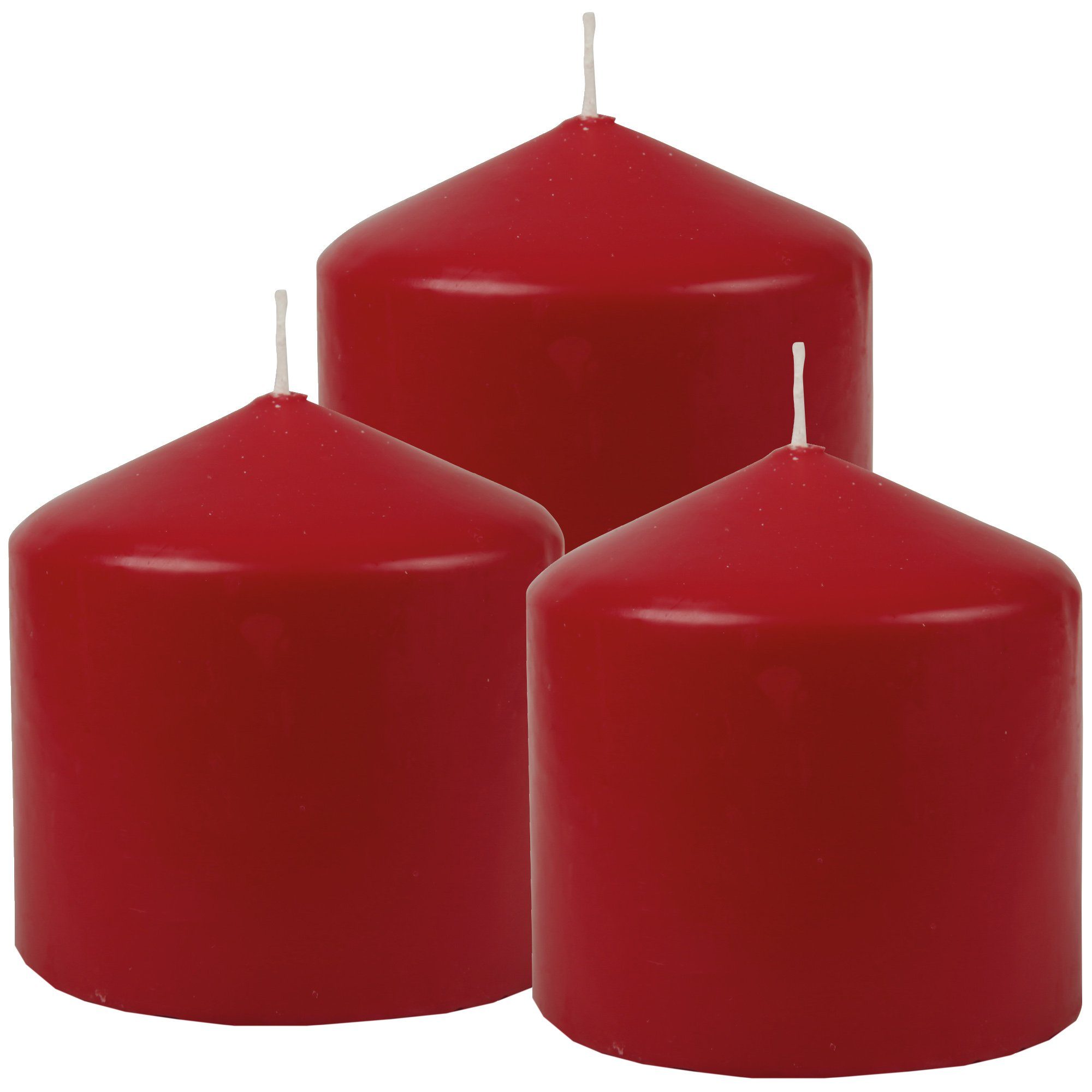 HS Candle Stumpenkerze Blockkerze (3-tlg), Wachskerzen Ø8cm x 8cm - Kerze in vielen Farben Rubinrot
