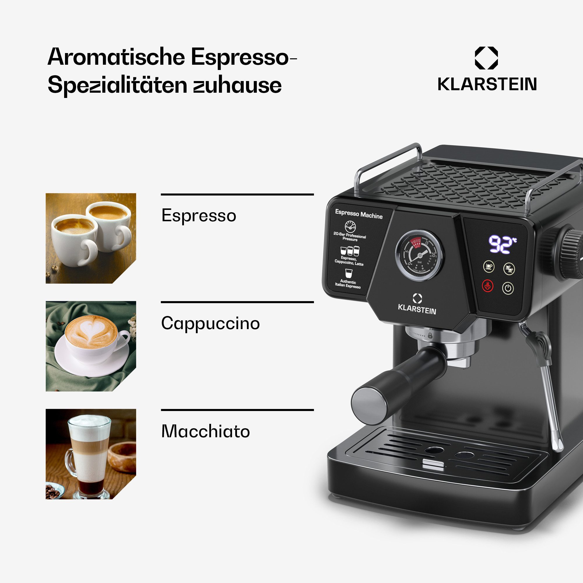 Klarstein Filterkaffeemaschine, 1.8l Kaffeekanne, Edelstahl-Siebträger, Elektrisch 19 Bar Espressomaschine Kaffemaschine Touch