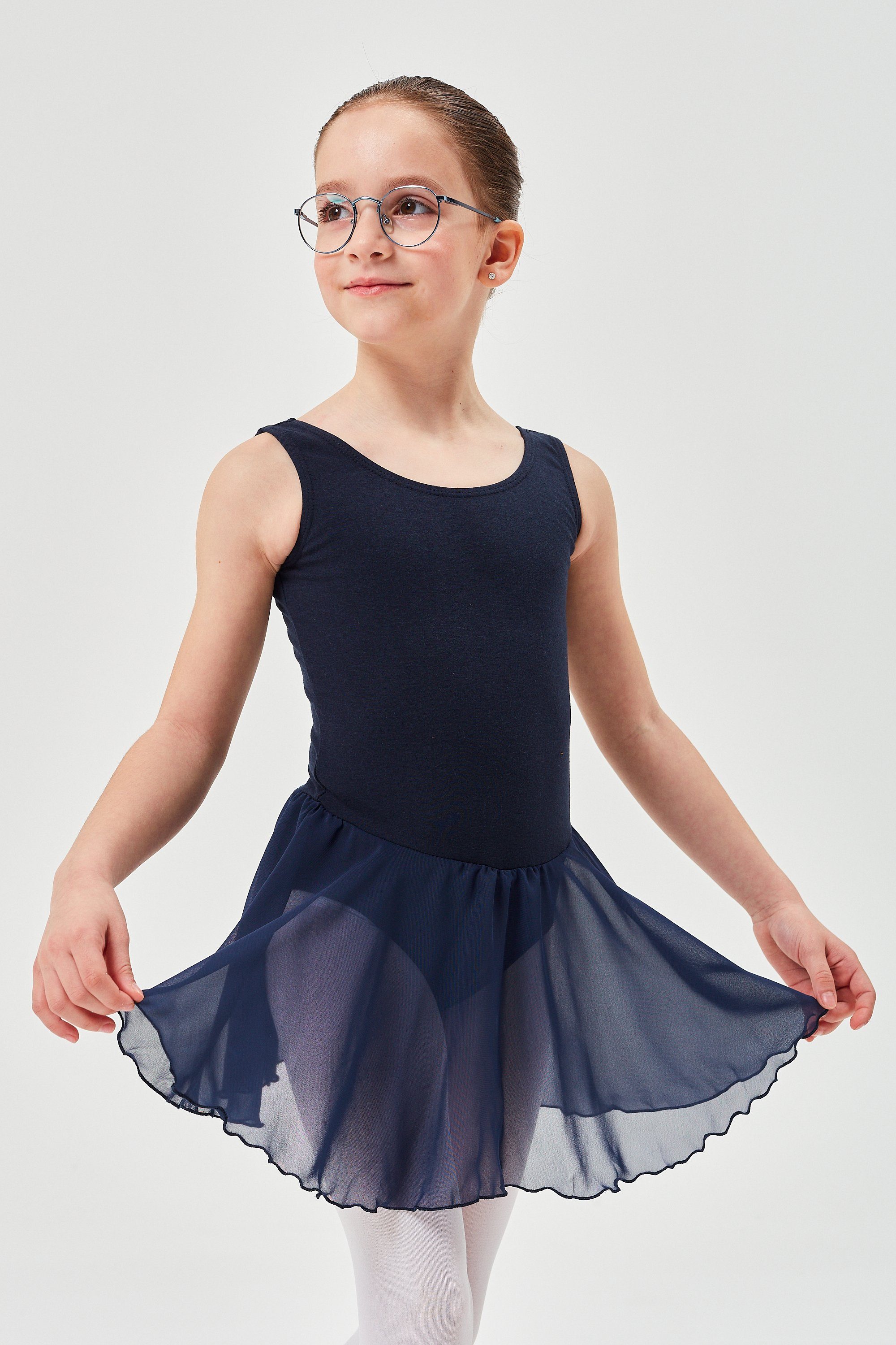 tanzmuster Chiffonkleid Ballett Trikot Minnie mit Chiffon Röckchen Ballettkleid für Mädchen aus wunderbar weichem Baumwollmaterial marineblau
