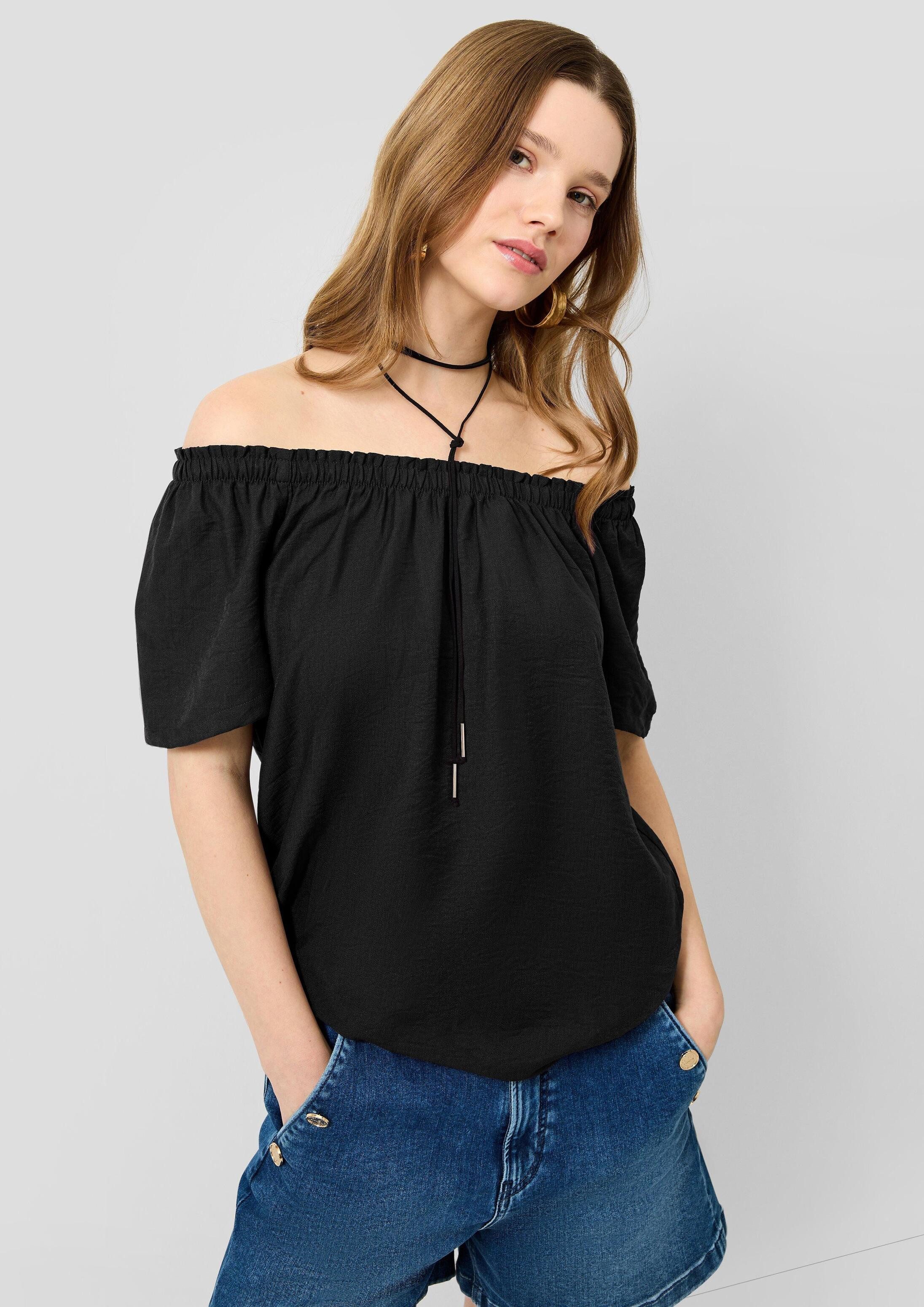 QS Kurzarmbluse Bluse Viskosemix-Bluse mit Carmenausschnitt