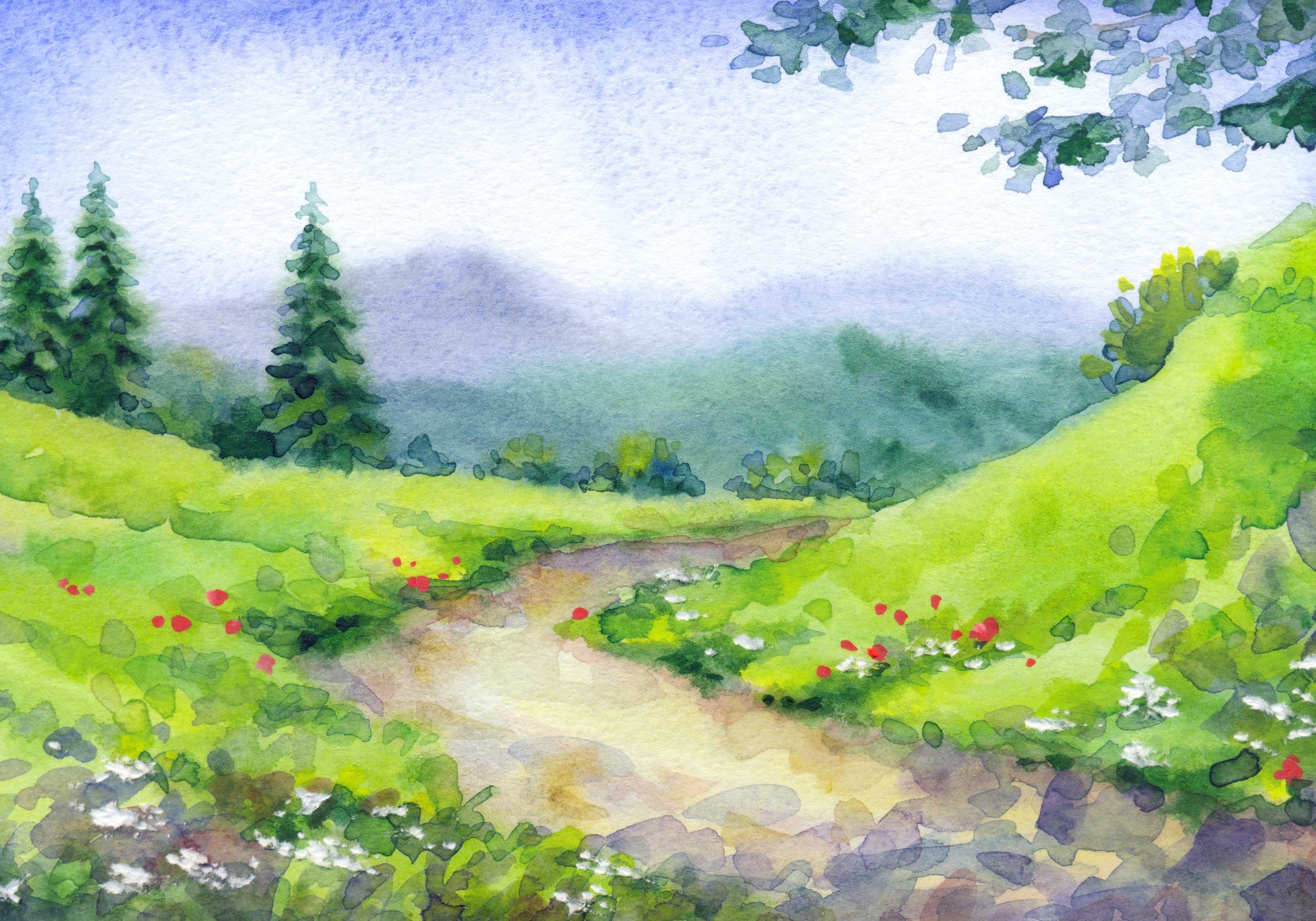 Hügeln, Fototapete Vliestapete Landschaft Gemälde Motivtapete, wandmotiv24 Wandtapete, matt, glatt, mit