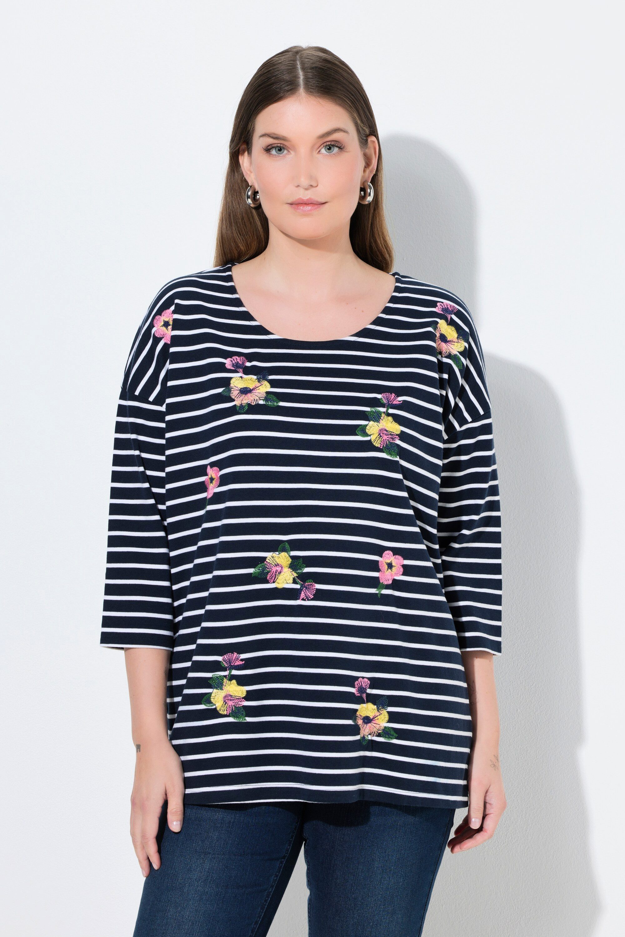 Ulla Popken T-Shirt Ringelshirt Stickerei Oversized Rundhals 3/4-Arm