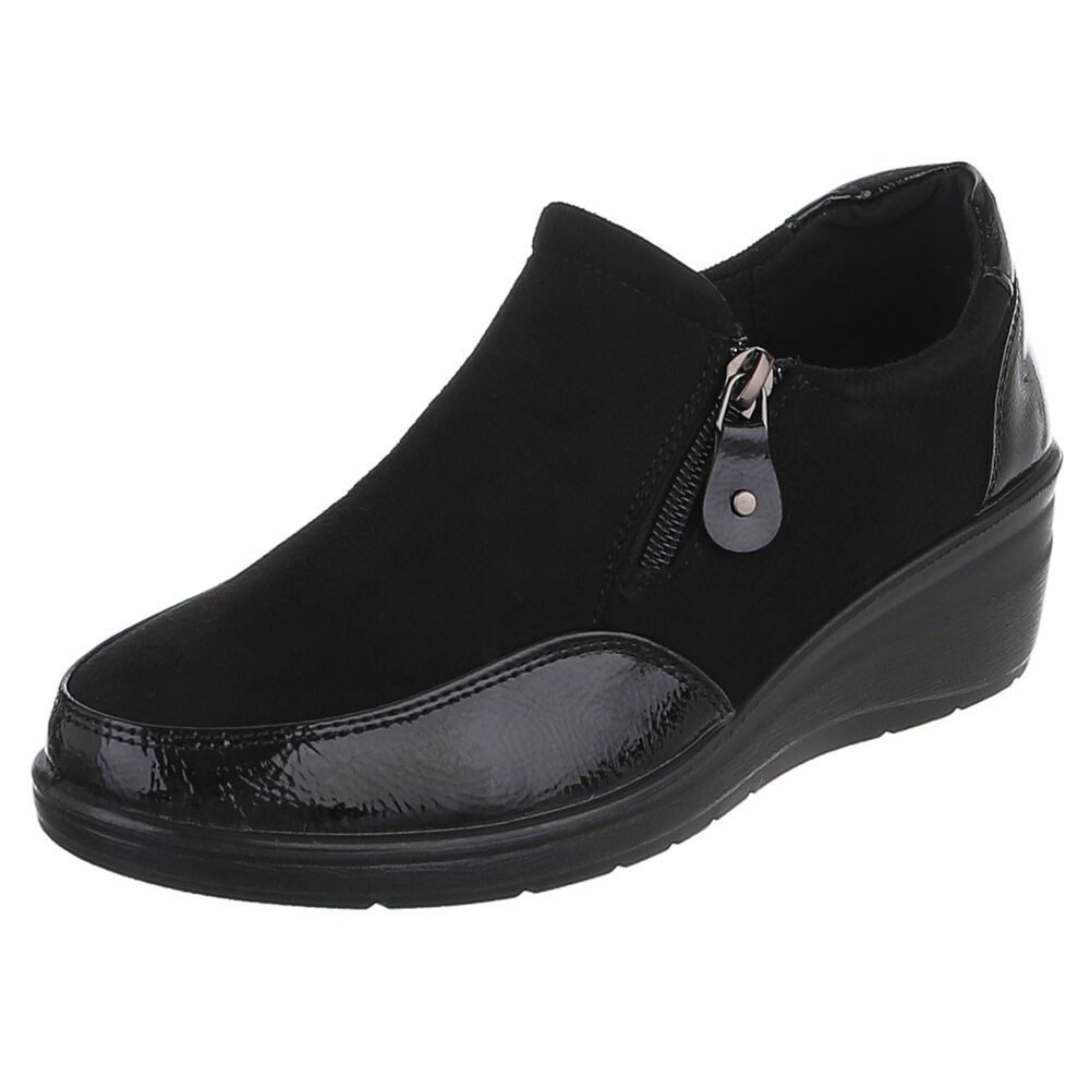 Ital-Design Damen Slipper mit Keilsohle und Reißverschluss Mokassin (91783497) Keilabsatz/Wedge Schnürer in Schwarz