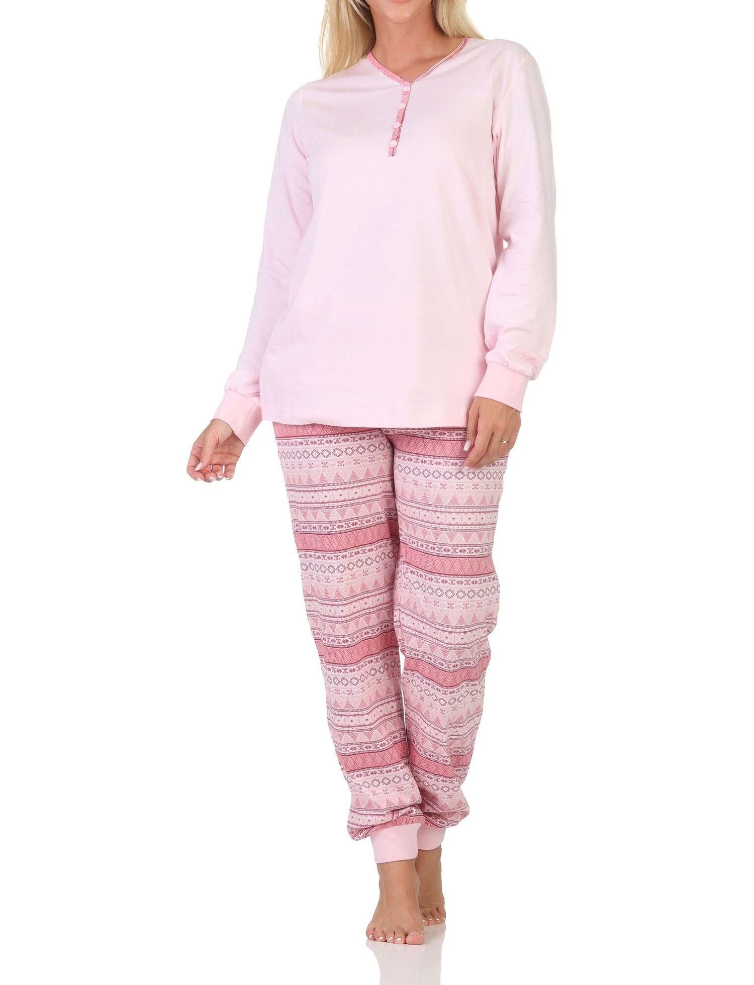 Pyjama Damen Schlafanzug lang mit Bündchen im Ethnolook - auch in Übergrößen
