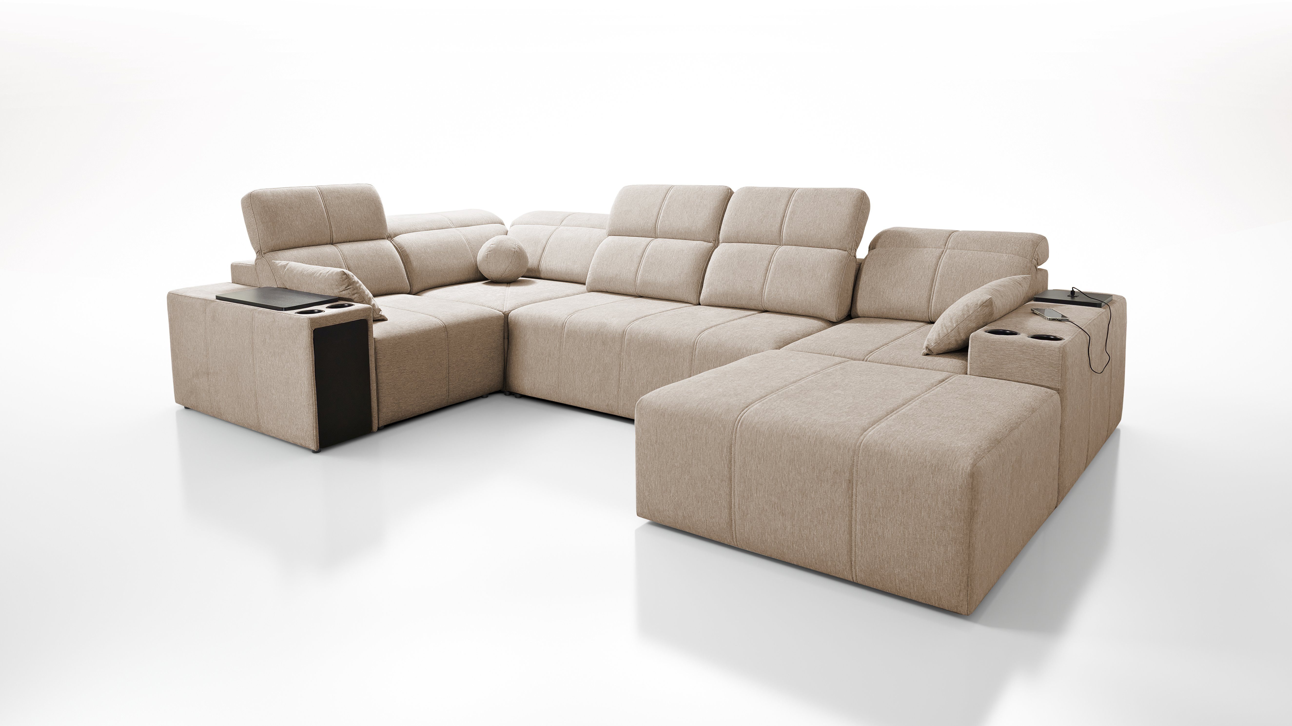 Möbel für Dich Wohnlandschaft Mindy 4 in U-Form mit Sitztiefenverstellung, USB, Ablagen und Hocker, mit Bettfunktion und Bettkasten