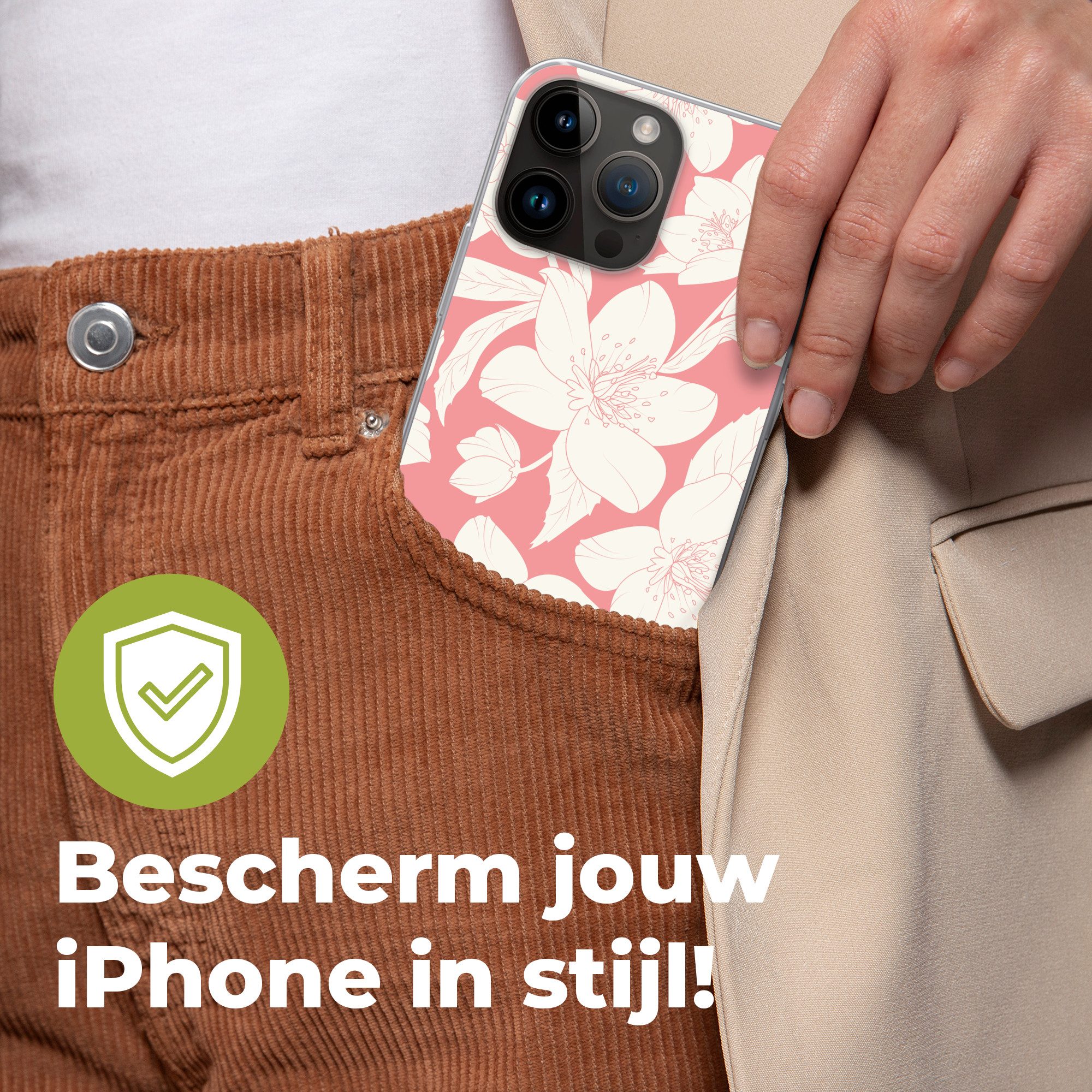 MuchoWow Handyhülle für Apple iPhone 14 Pro Max Blumen - Muster - Rosa - Weiß, Smartphone-Bumper, Print, Handy Schutzhülle Dünn