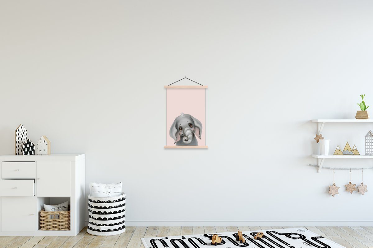 MuchoWow Poster Elefant - Kind - Rosa, (1 St), Posterleiste, Textilposter für Wohnzimmer, Bilderleiste, Magnetisch