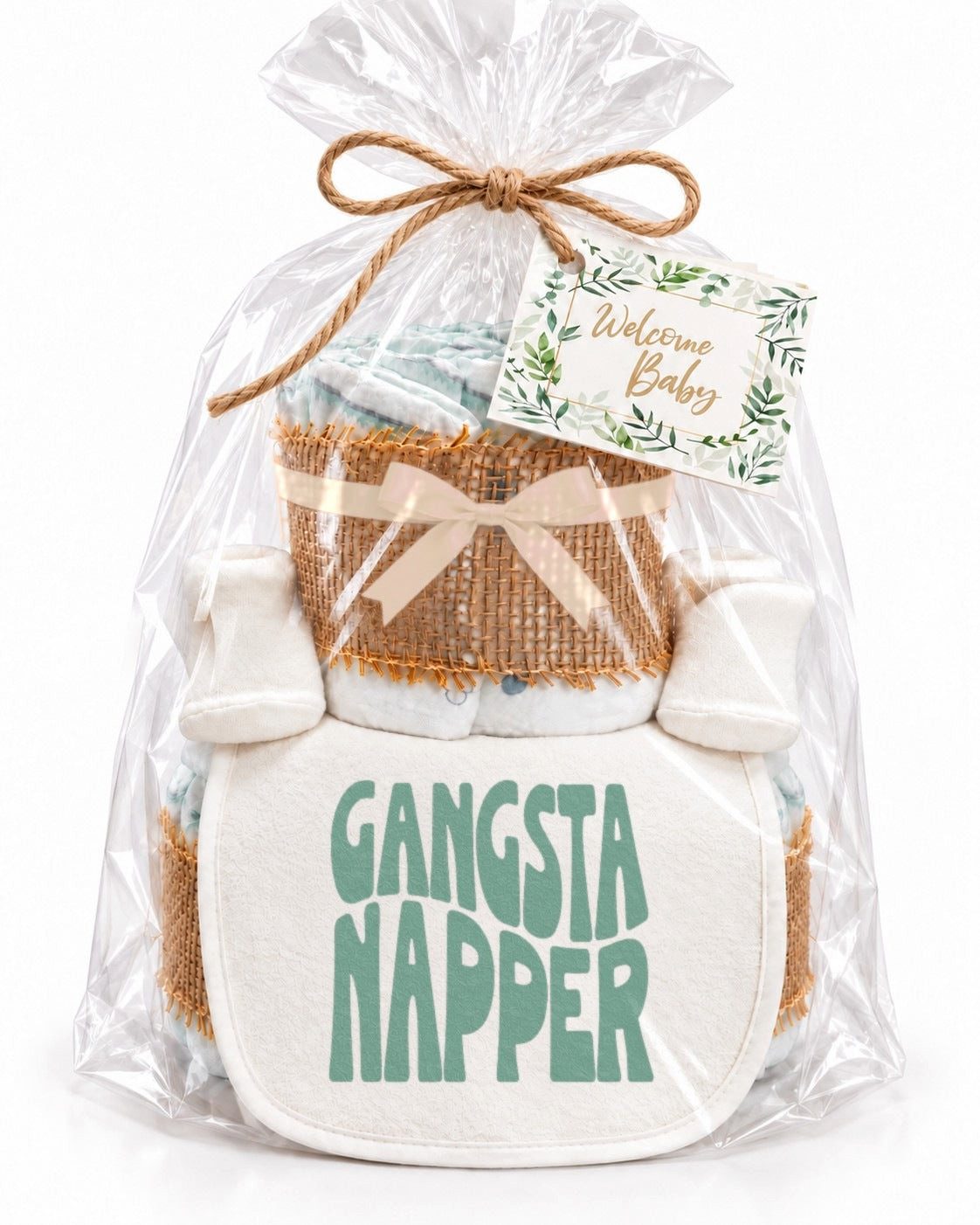 dubistda-WINDELTORTEN- Neugeborenen-Geschenkset Windeltorte „Gangsta Napper“ (Set, Windeltorte mit Lätzchen und Babysocken) handgemacht in Deutschland