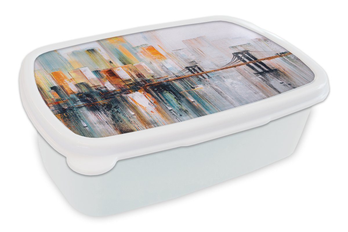 MuchoWow Lunchbox Ölgemälde - Skyline - Abstrakt, Kunststoff, (2-tlg), Brotbox für Kinder und Erwachsene, Brotdose, für Jungs und Mädchen weiß