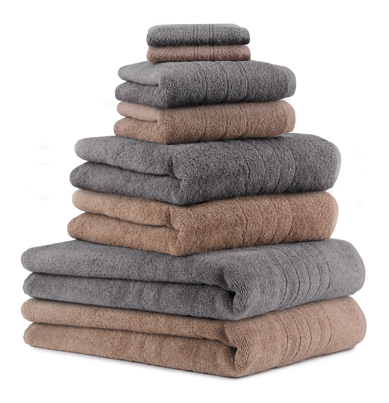 Betz Handtuch Set 8-TLG. Handtuch-Set Deluxe 100% Baumwolle 2 Badetücher 2 Duschtücher 2 Handtücher 2 Seiftücher Farbe anthrazit grau und Mokka, 100% Baumwolle, (8-tlg)