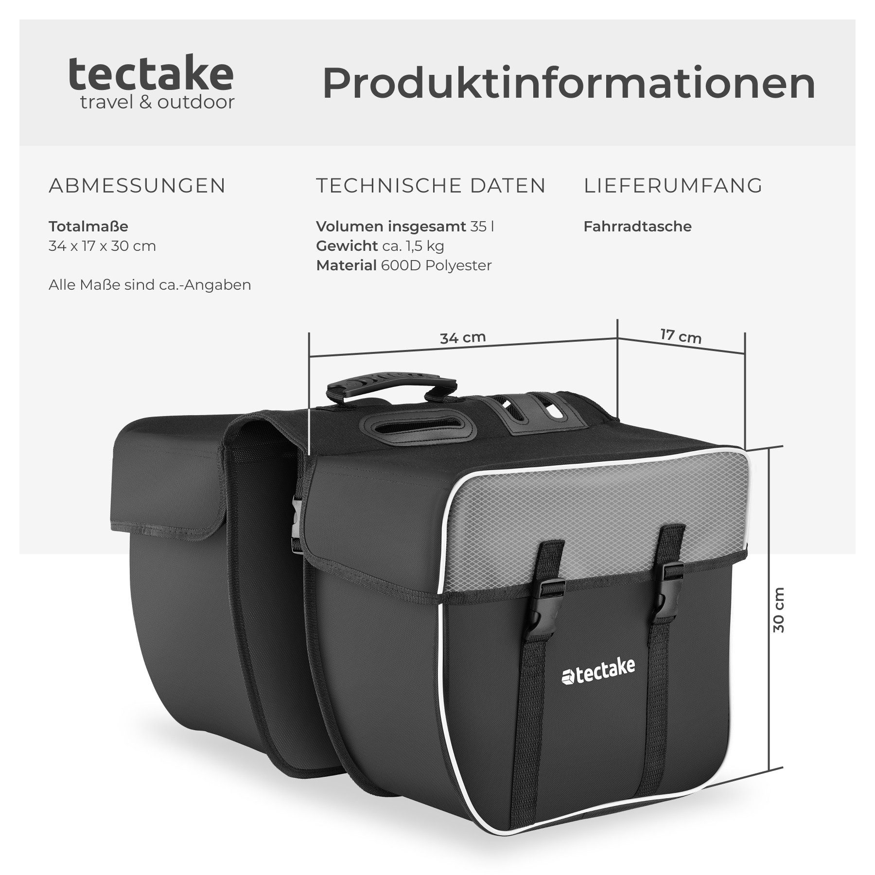 tectake Fahrradtasche Satteltasche mit Gepäckträger-Befestigung und Reflektorstreifen, für den Gepäckträger