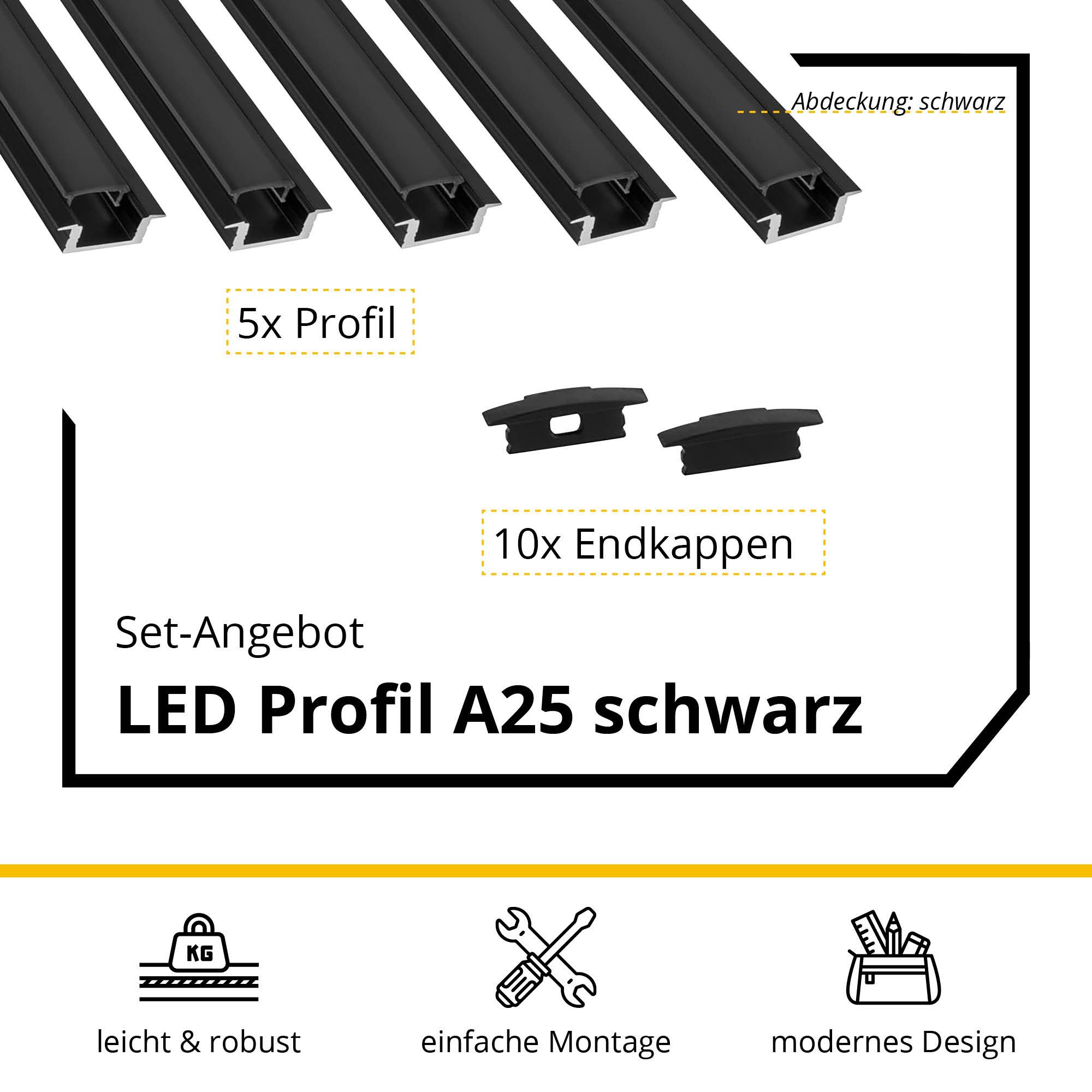 tktrading24 LED-Stripe-Profil 5x A25 LED Profil 2m - Schwarz inkl. Abdeckung & Endkappen – Bild 2 von 5