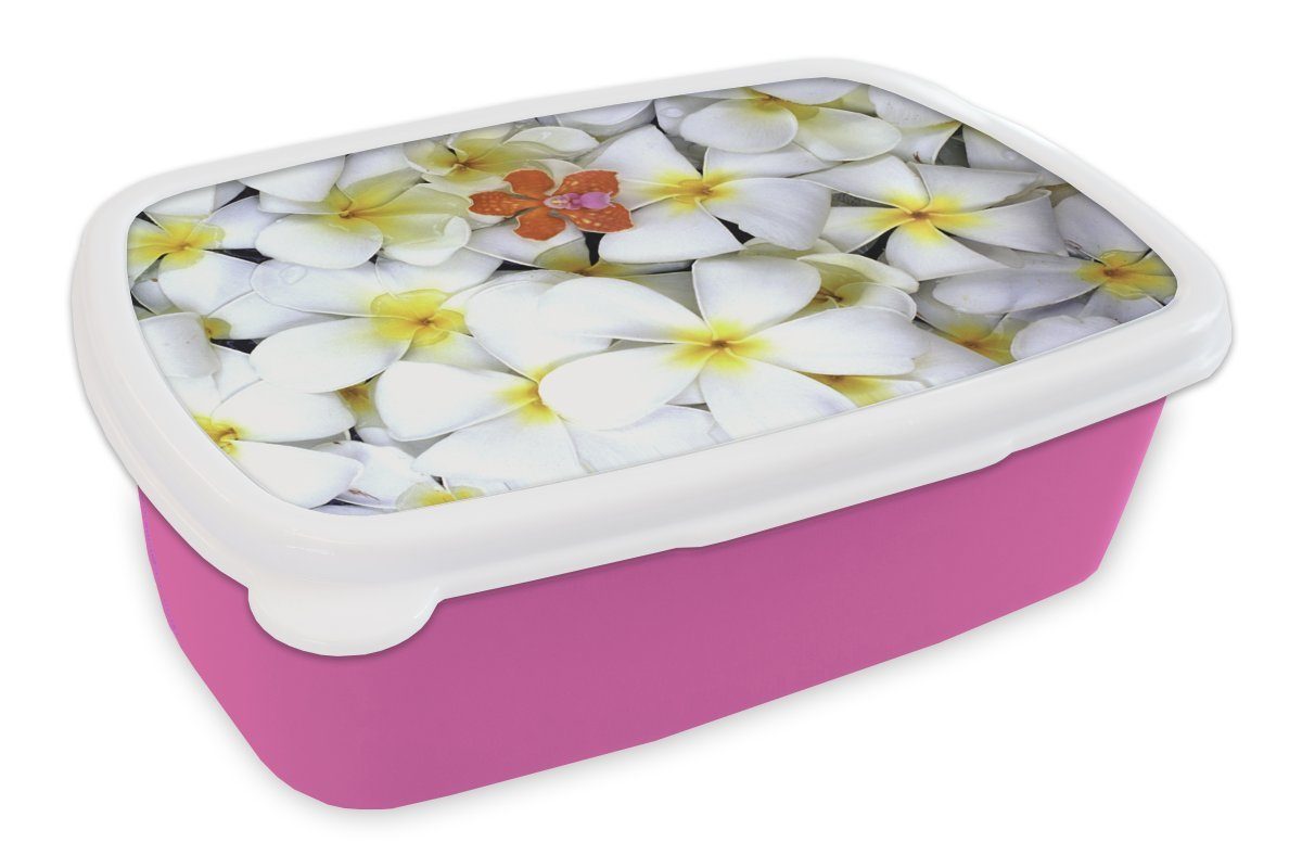 MuchoWow Lunchbox Muster aus gelben und weißen Plumeria-Blüten, Kunststoff, (2-tlg), Brotbox für Erwachsene, Brotdose Kinder, Snackbox, Mädchen, Kunststoff rosa