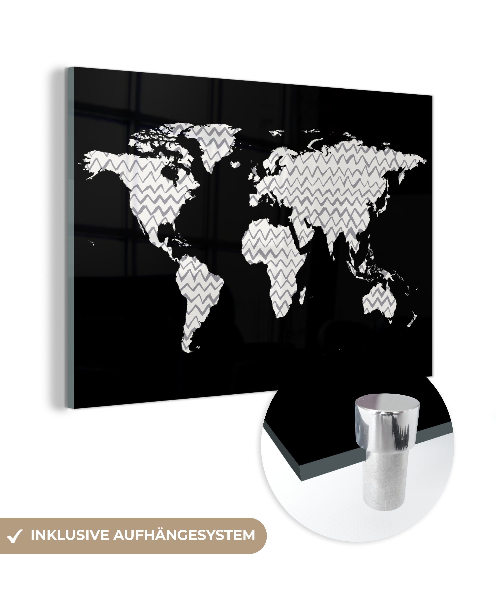 MuchoWow Acrylglasbild Weltkarte - Weiß - Grau, (1 St), Glasbilder - Bilder auf Glas Wandbild - Foto auf Glas - Wanddekoration