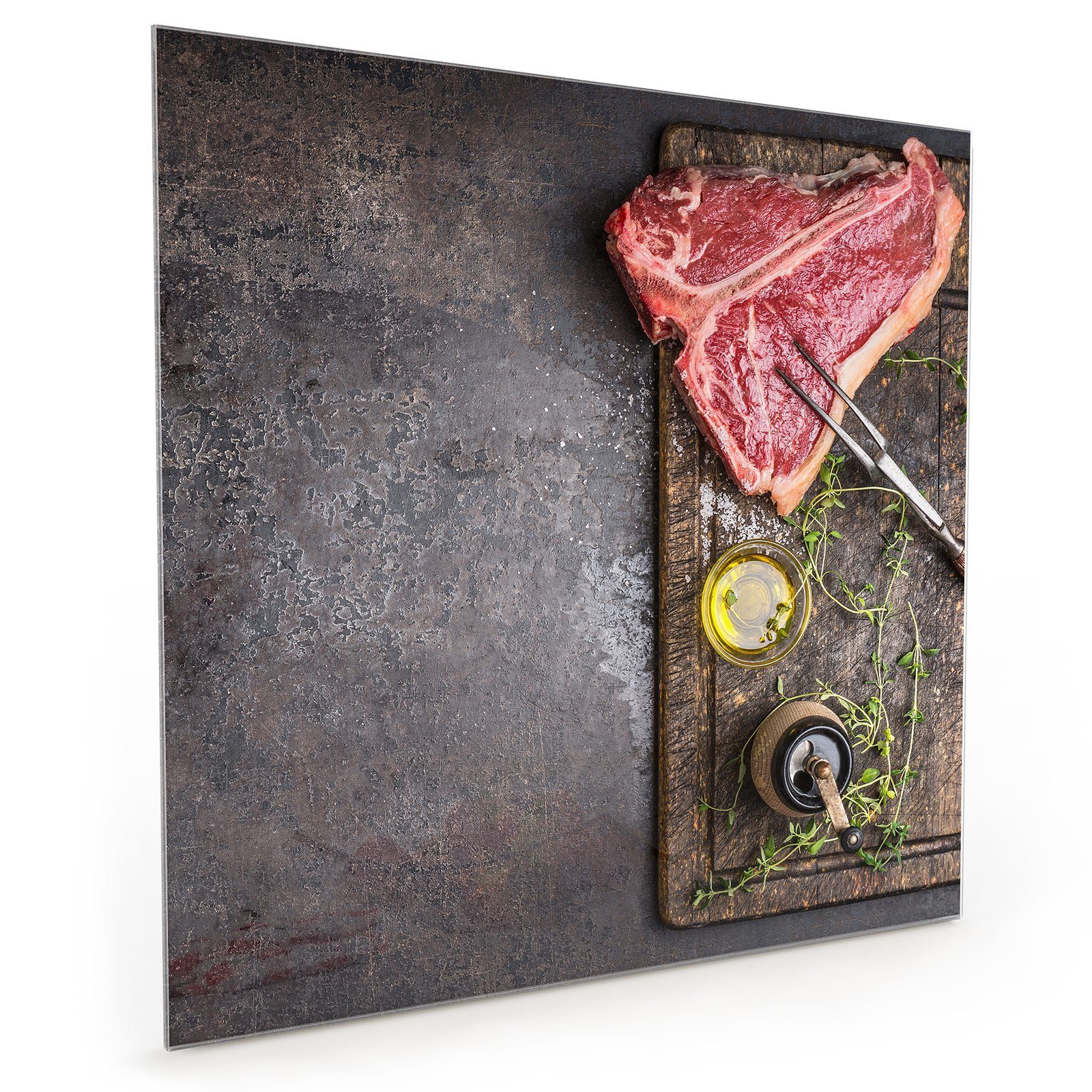 Glas auf Primedeco Küchenrückwand Steak mit Motiv Küchenrückwand T-Bone Platte Spritzschutz