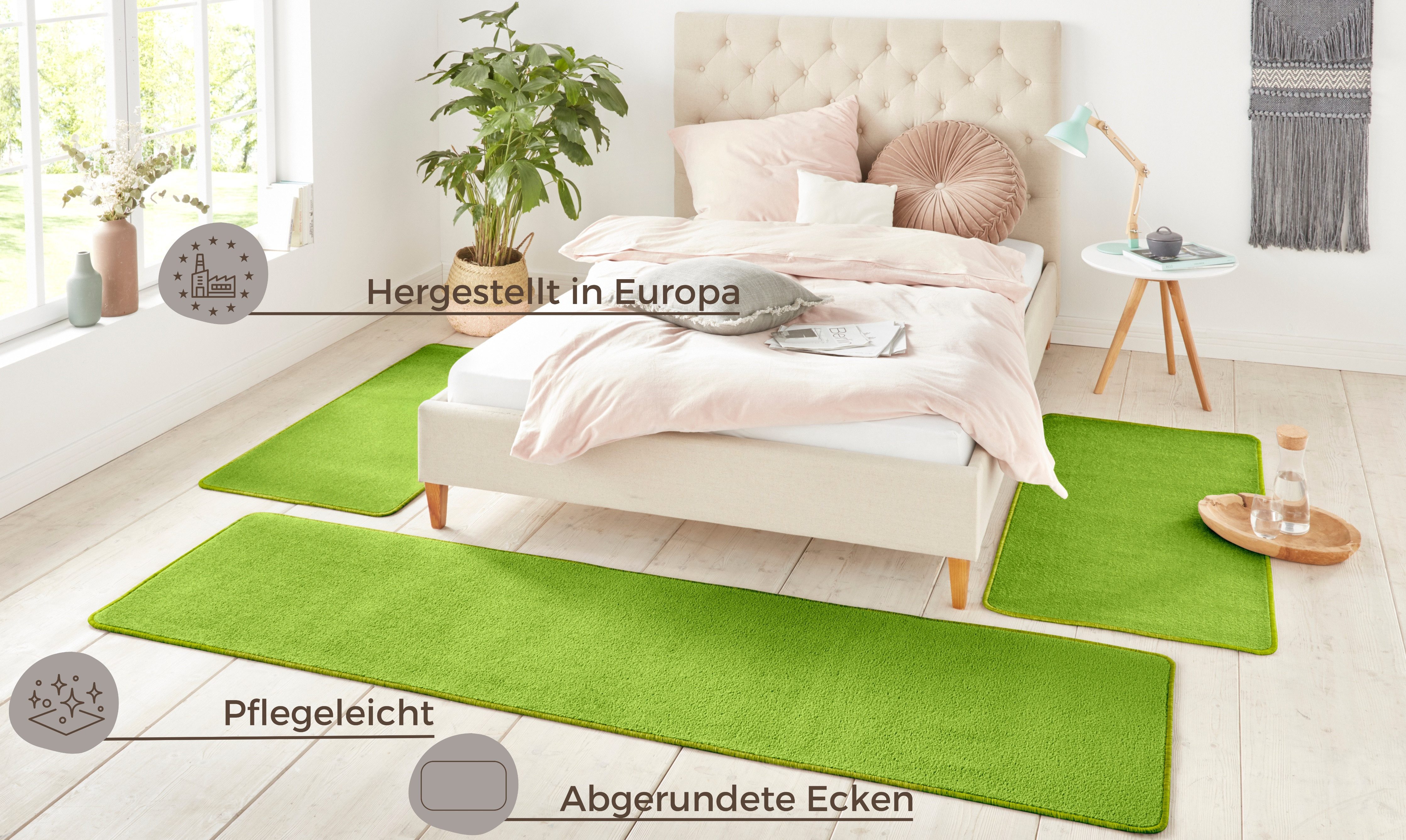 HANSE Home Bettumrandung Shashi, Höhe 8 mm, (3-tlg), Kurzflor, Unifarben, Teppich, Bettläufer, Bettvorleger, Teppichläufer