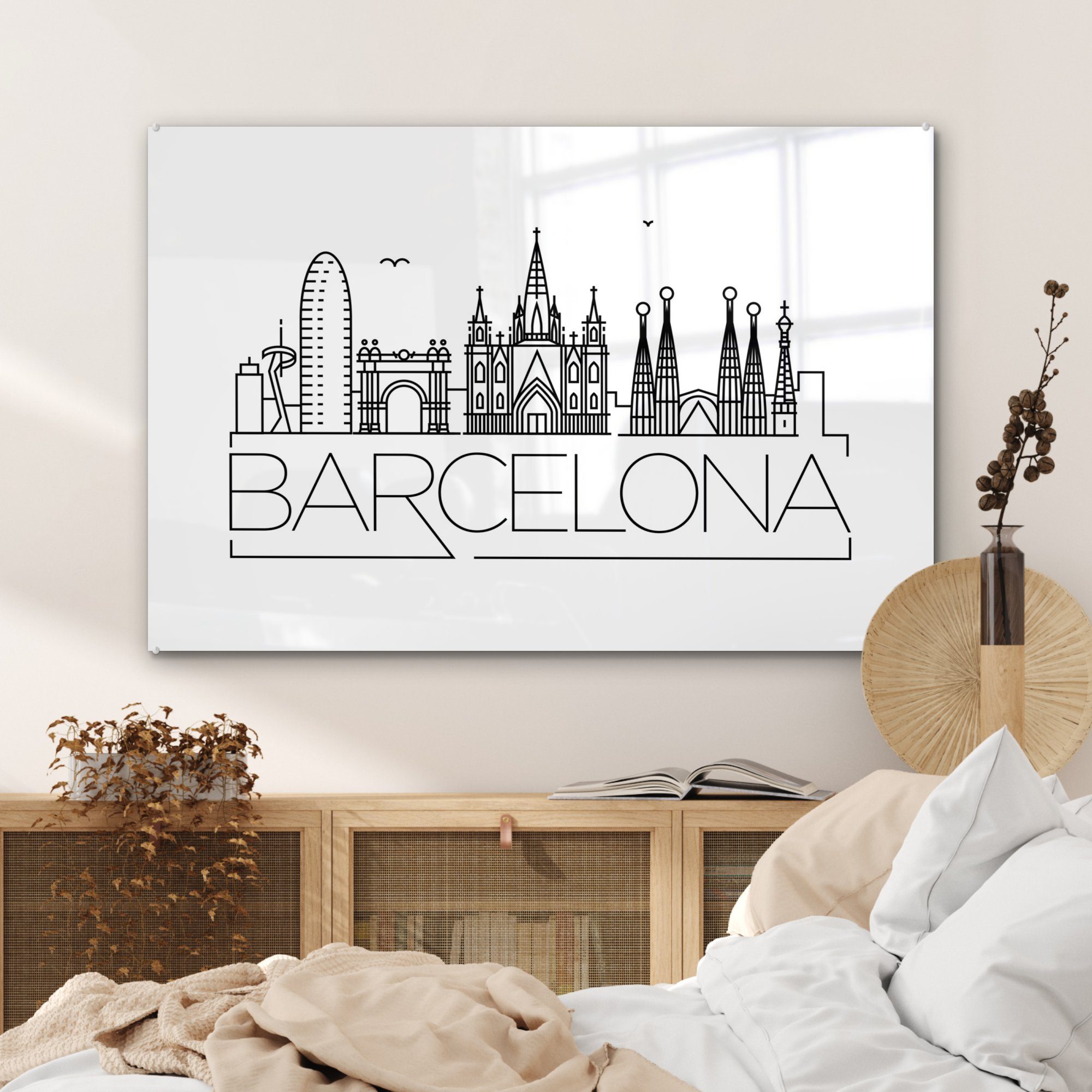 MuchoWow & Wohnzimmer Skyline St), (1 weiß, Acrylglasbild auf Acrylglasbilder Schlafzimmer "Barcelona" schwarz