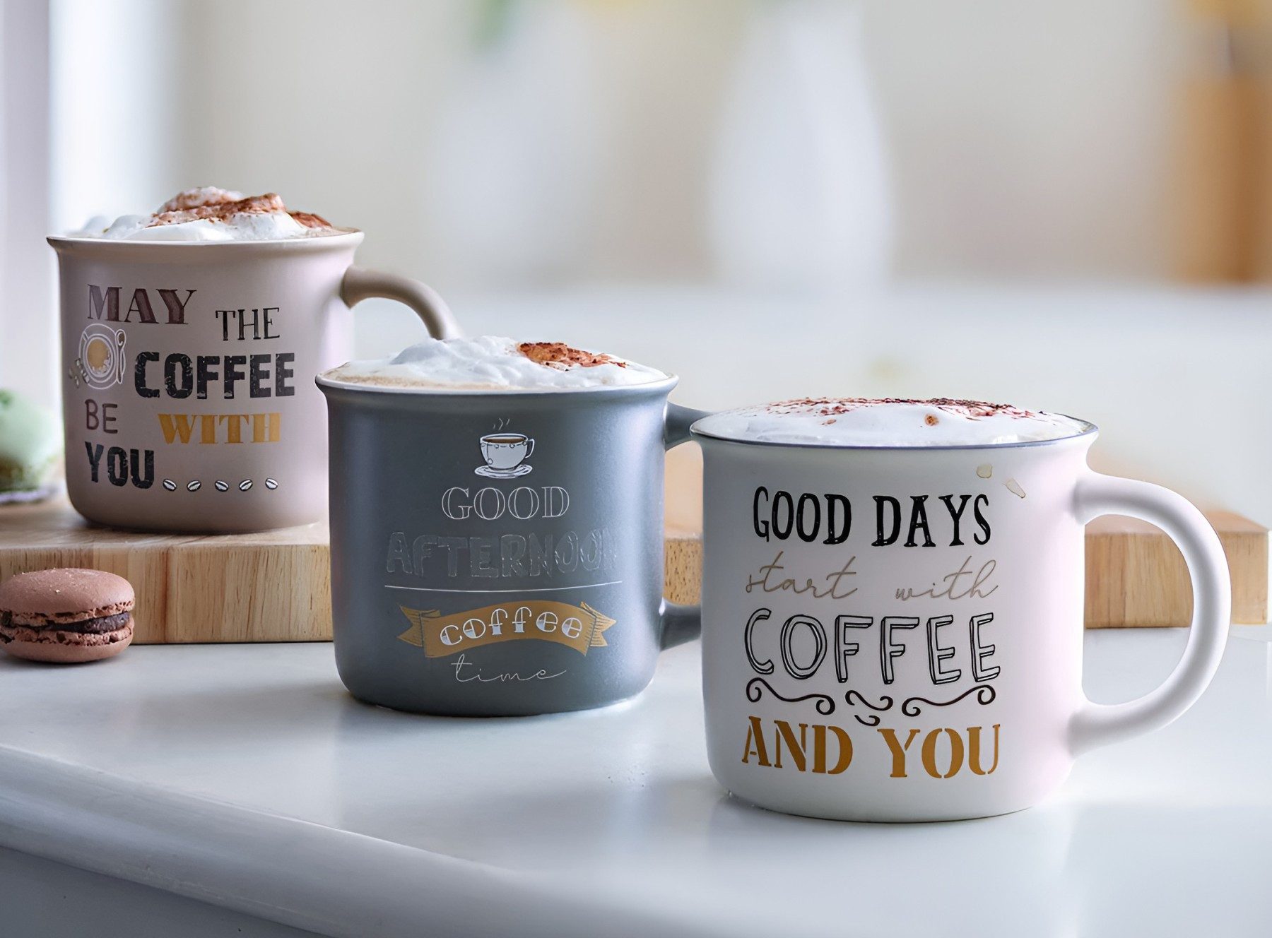Dekoleidenschaft Tasse "Coffee" Porzellan Kaffeetassse mit Spruch, große Kaffeebecher, 350 ml, 3-tlg., Porzellan