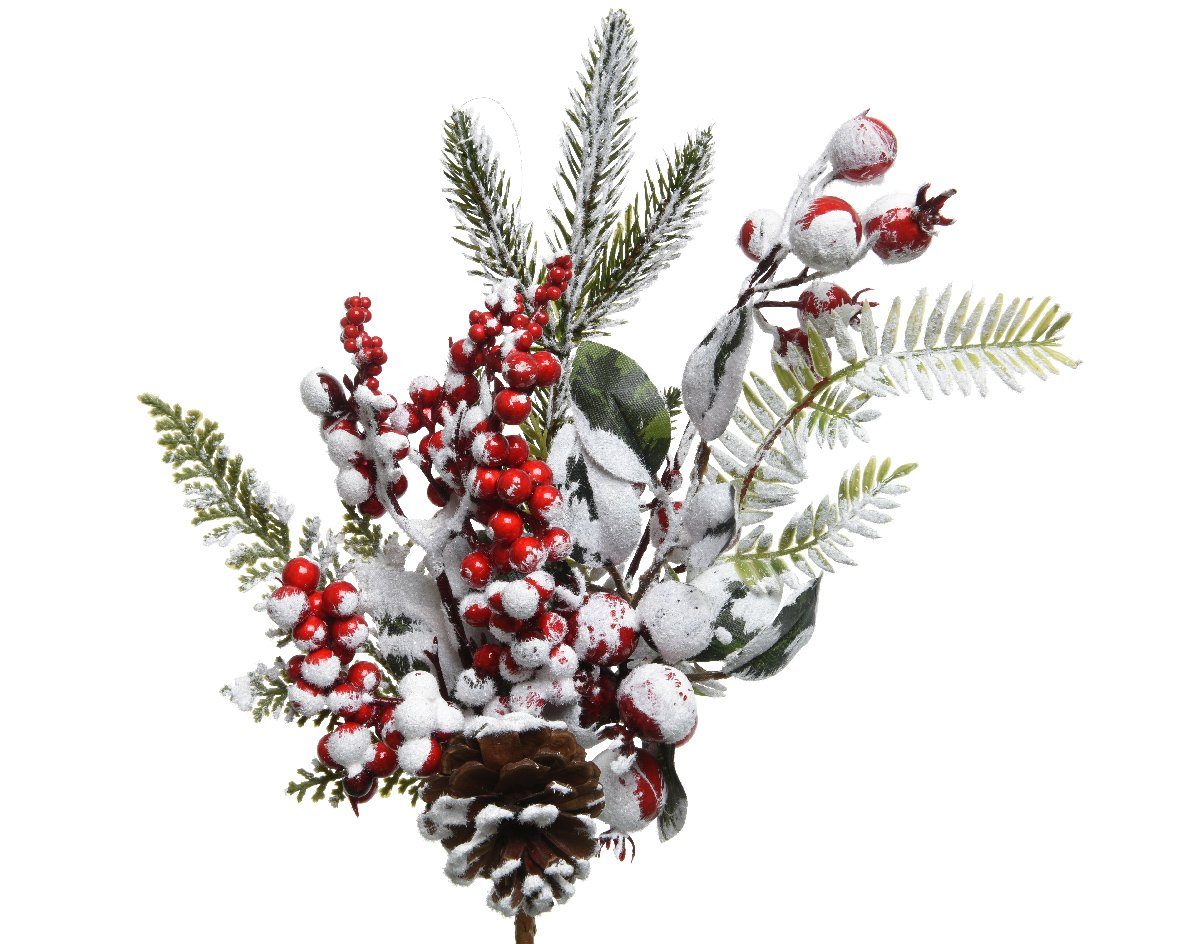 Kunstzweig, Decoris season decorations, Tannenzweige künstlich mit roten Beeren und Schnee 30cm