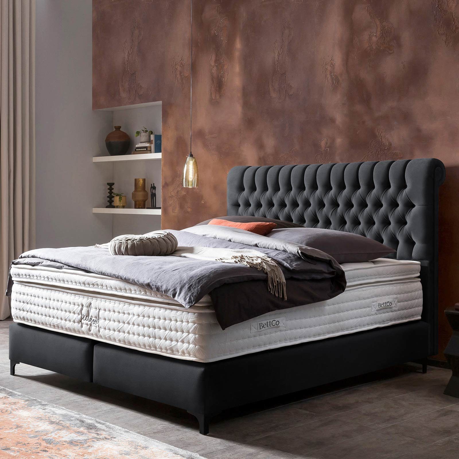 200 optionaler (140 BettCo in Velours), Topper, + Chester cm, Schwarz Schwarze Chesterfield-Design Metallfüße x Boxspringbett