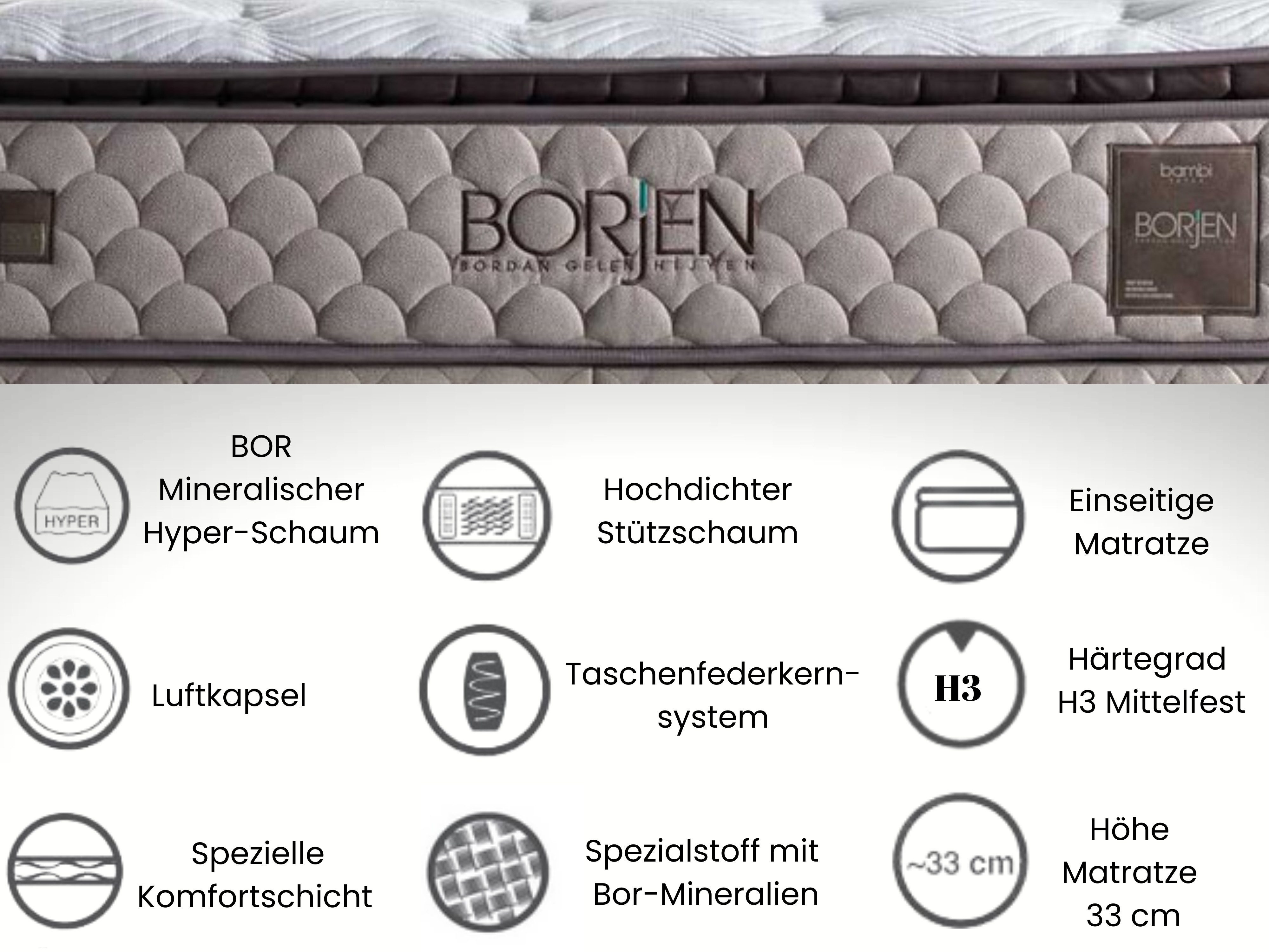 Taschenfederkernmatratze, Bambi Borjen, Matratze mit Topper, Höhe 33 cm, H3 (Mittelfest), BAMBI YATAK, BOR Mineralischer Hyper-Schaum, Komfortschicht, Einseitige Matratze