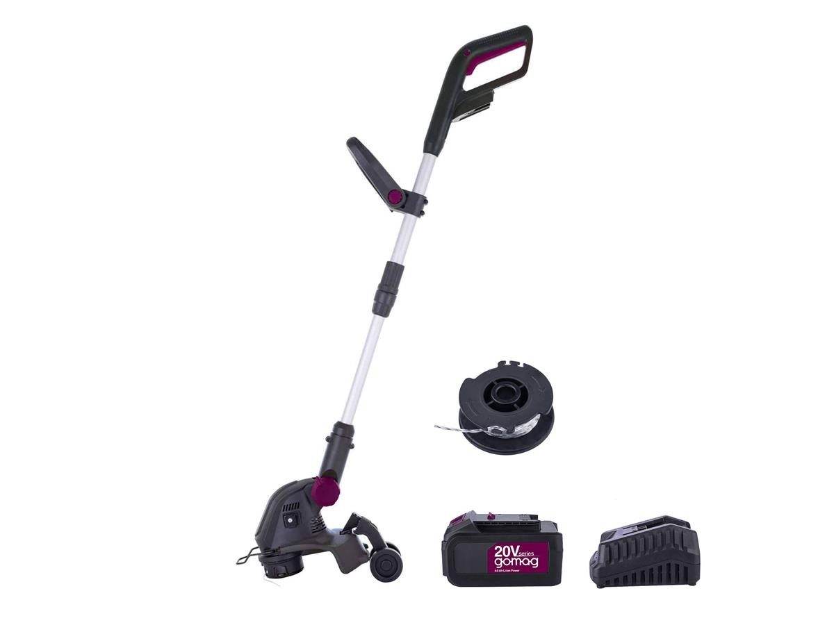 Gomag Akku-Rasentrimmer GO-RT300 4,0 Ah Akku, Ladegerät, (Set), Schutzhülle mit Fadenmesser und ausklappbarem Pflanzenschutzbügel
