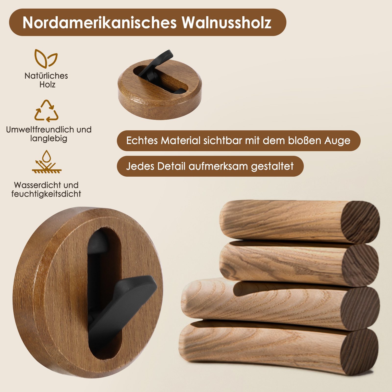 BlingBin Garderobenhaken Verdeckte Haken aus Walnussholz, Wandhaken, Klebehaken (4er-Pack, 4 St., Wandmontage, robuste Garderobe), Faltbare Wandhaken zum Aufhängen von Mänteln, Kleidung Handtüchern usw