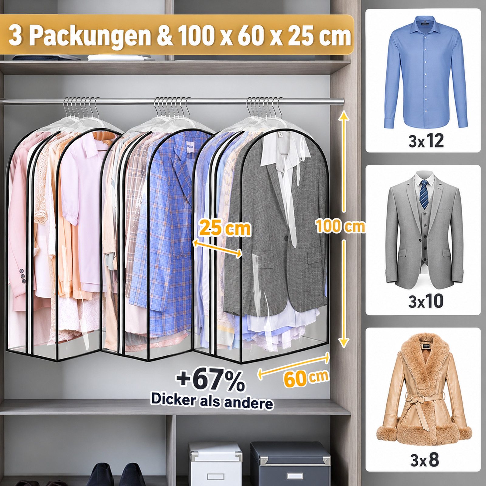 BOOD Kleidersack 3 Stück Kleidersack Kleidersäcke 100*60*25cm mit Reißverschluss (Packung, 3 St., 3 x Kleiderschutzhülle (100 x 60 x 25 cm) Staubdicht und feuch – Bild 2 von 5