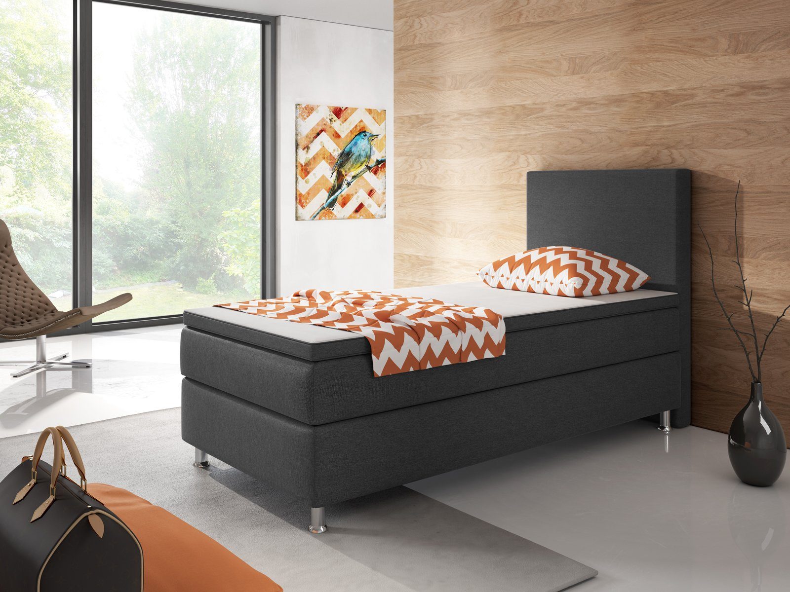 inter Boxspringbett Berlin Webstoff (90x200 cm, Boxspringbett-Set,7-Zonen-Taschenfederkernmatratze und Topper), Hohes Kopfteil, Inklusive Topper für optimalen Liegekomfort