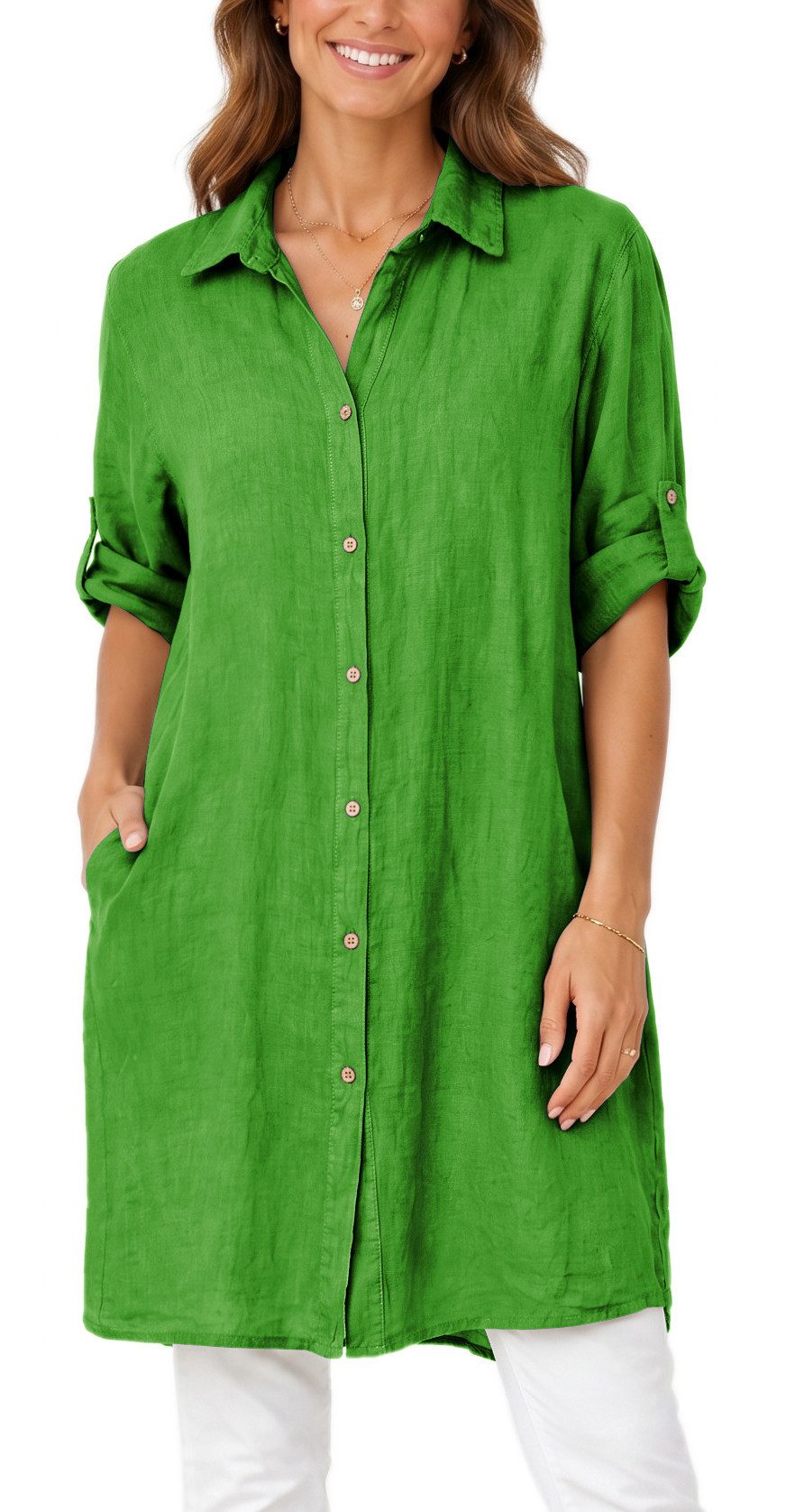dy_mode Longbluse Damen Leinen Longbluse Sommer Hemdbluse Blusenkleid Luftige Tunika in Unifarbe, mit Knopfleiste